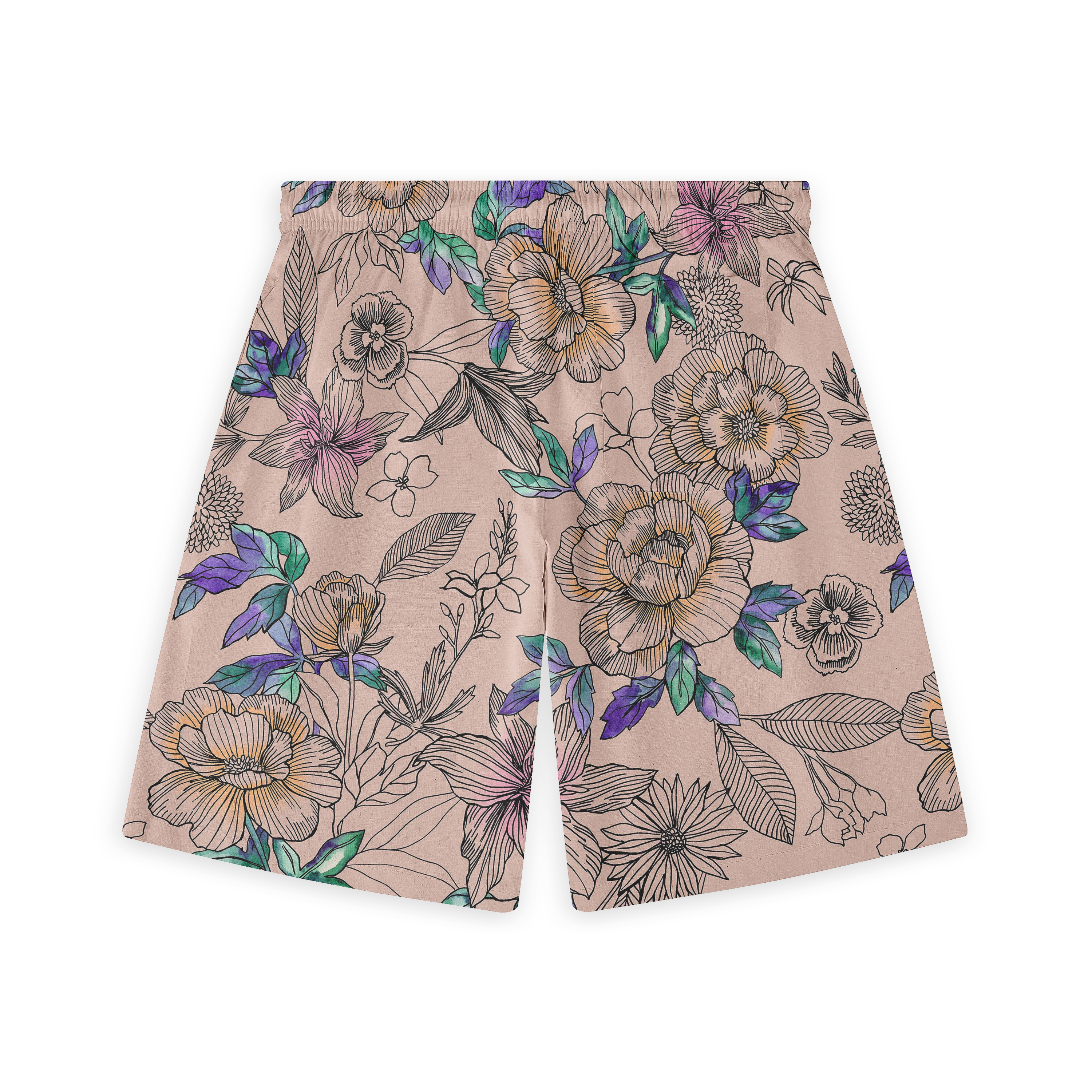 Floral patterned shorts with beige background, featuring colorful.
