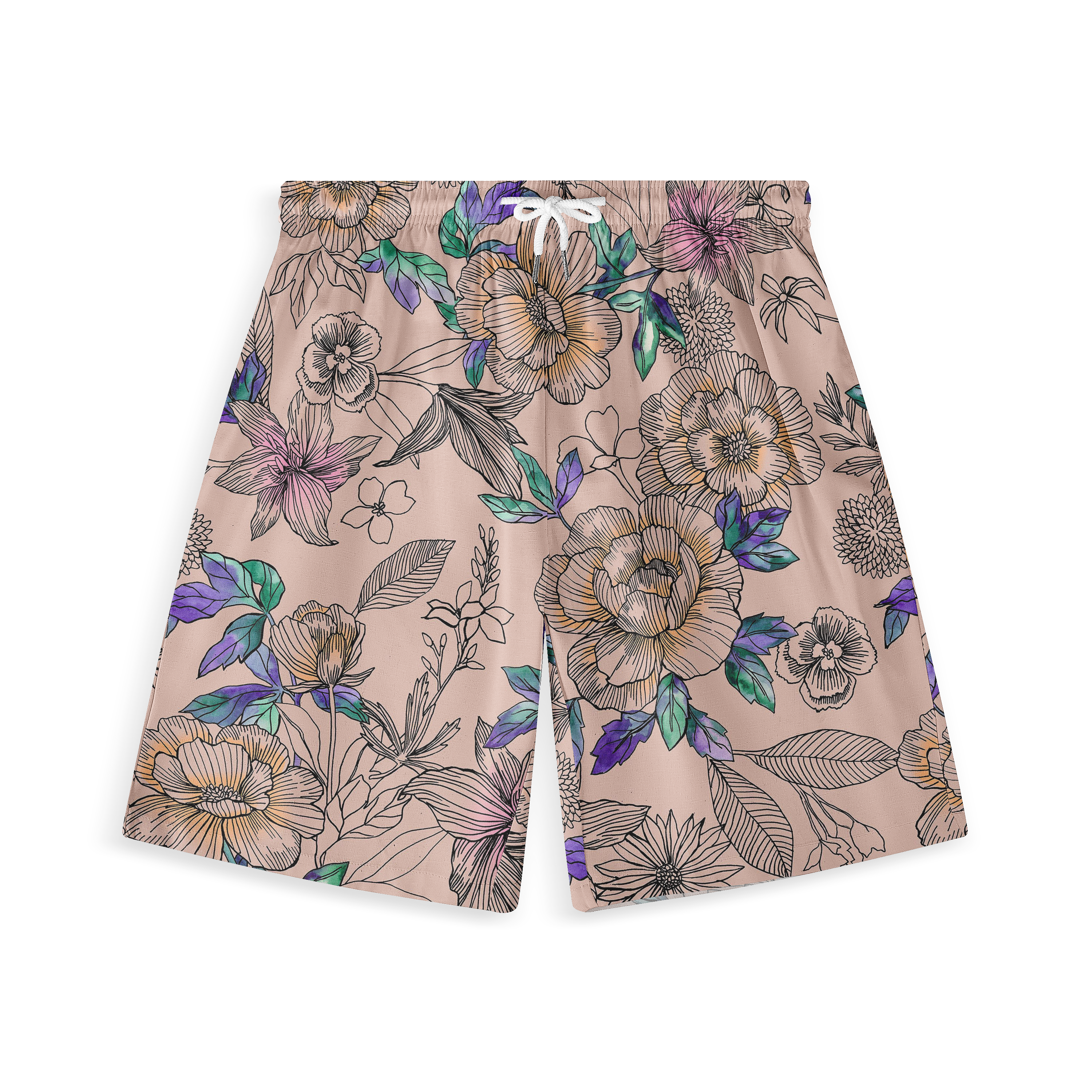 Floral-patterned shorts with beige background, colorful flowers.