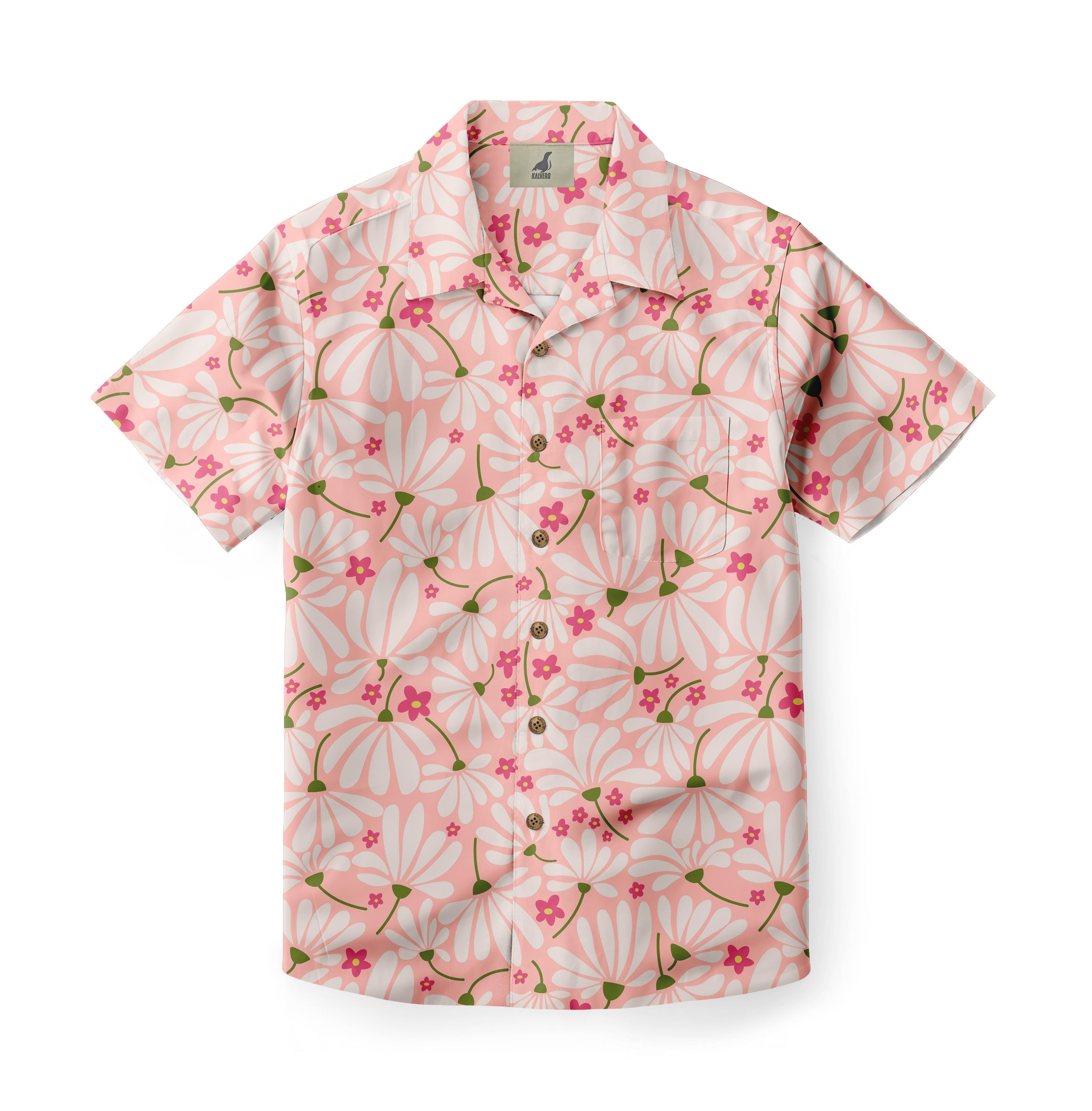 Pink floral short-sleeve button-up shirt with white flowers.