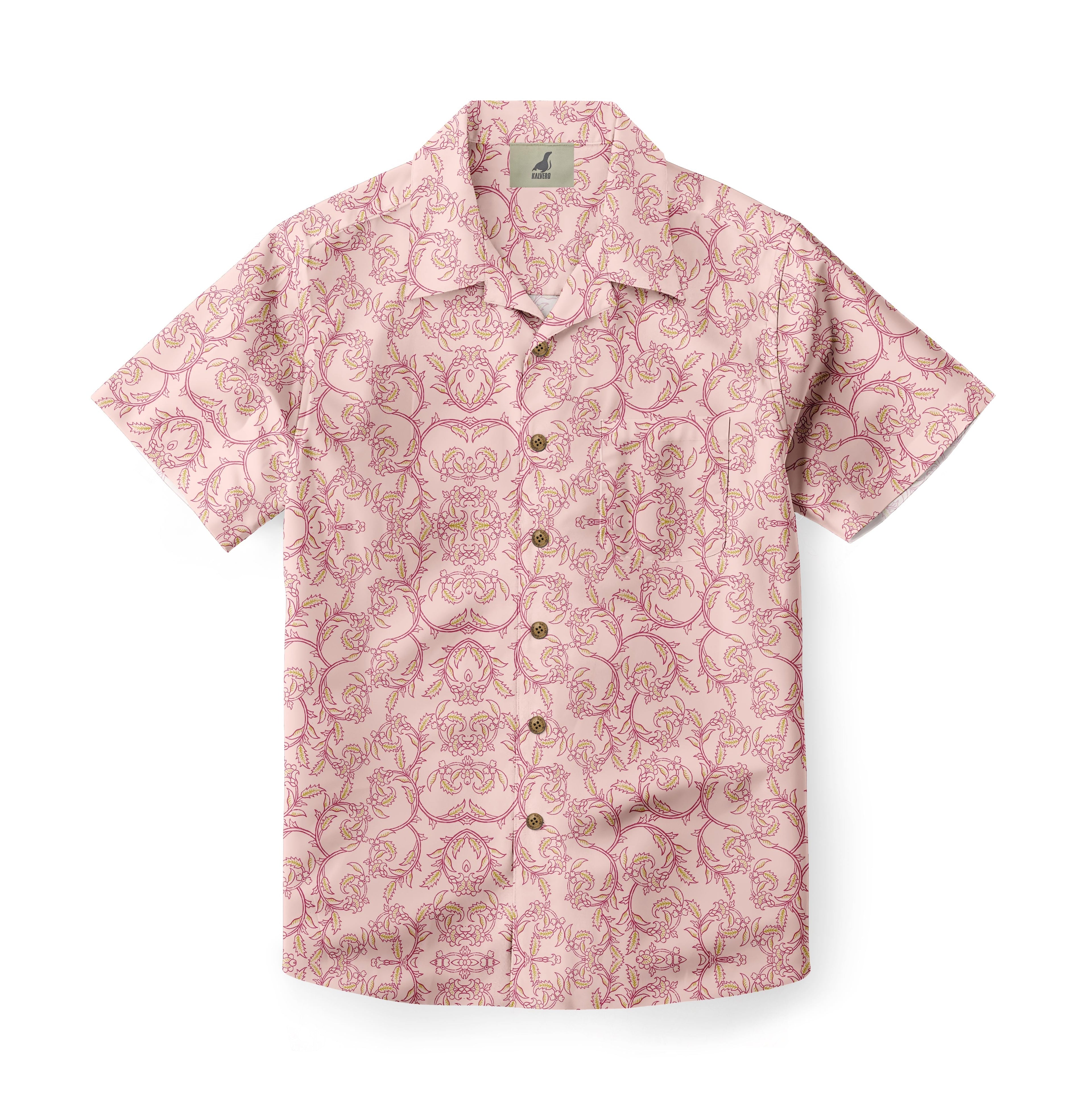 Pink short-sleeve shirt with floral pattern and buttons.