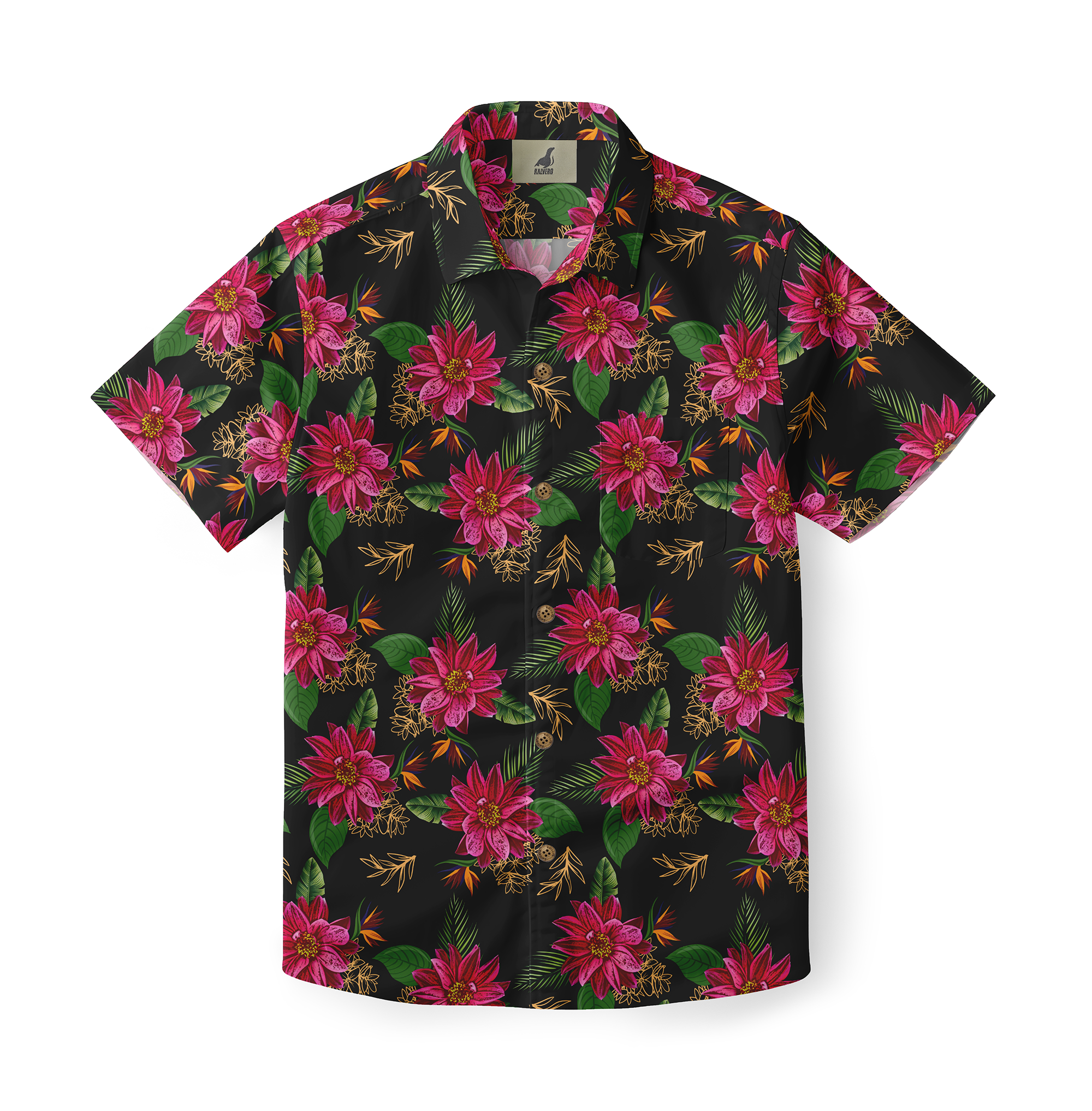 Black short-sleeve shirt with vibrant pink floral and green leaf.