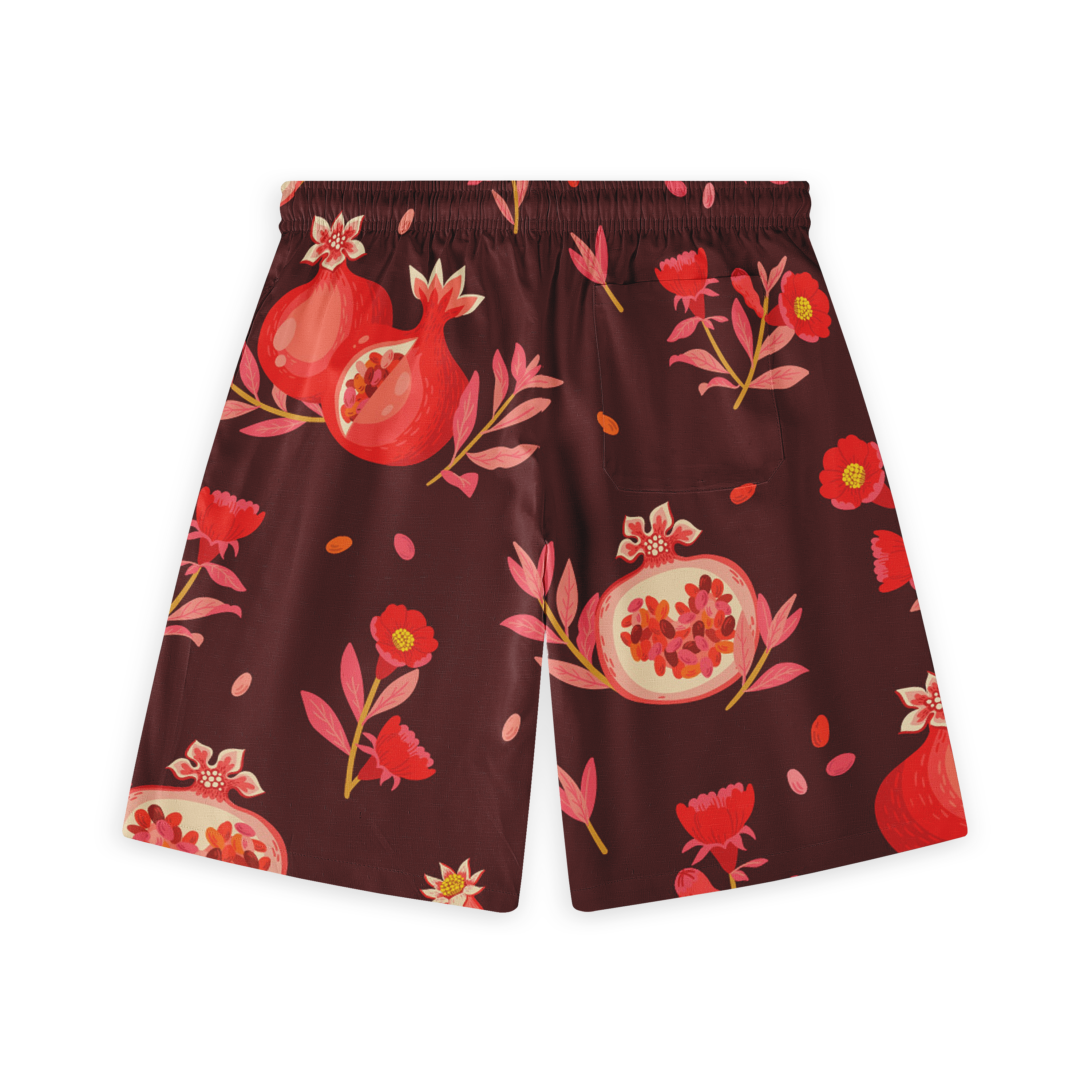 Dark red shorts with vibrant pomegranate and floral pattern.