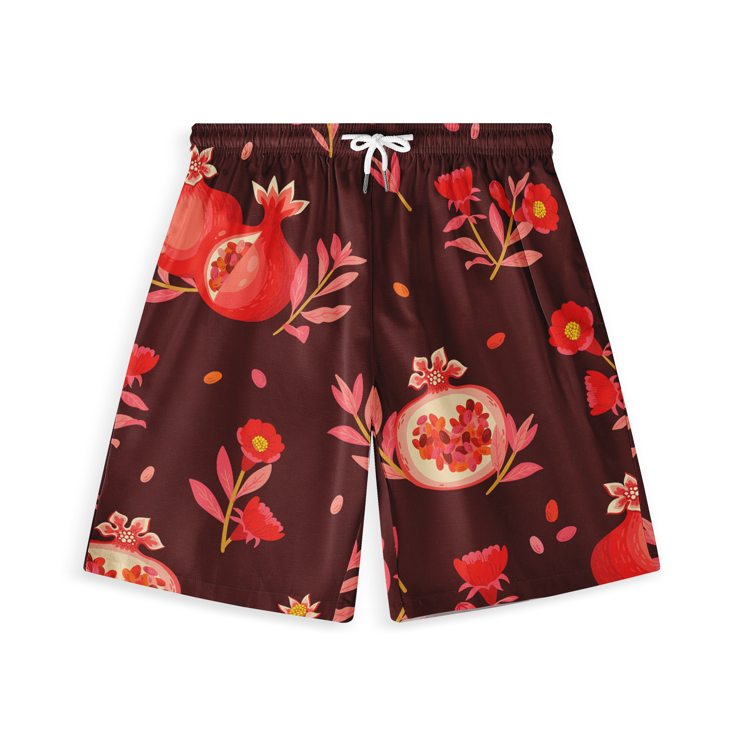 Dark red shorts with vibrant pomegranate and floral pattern.