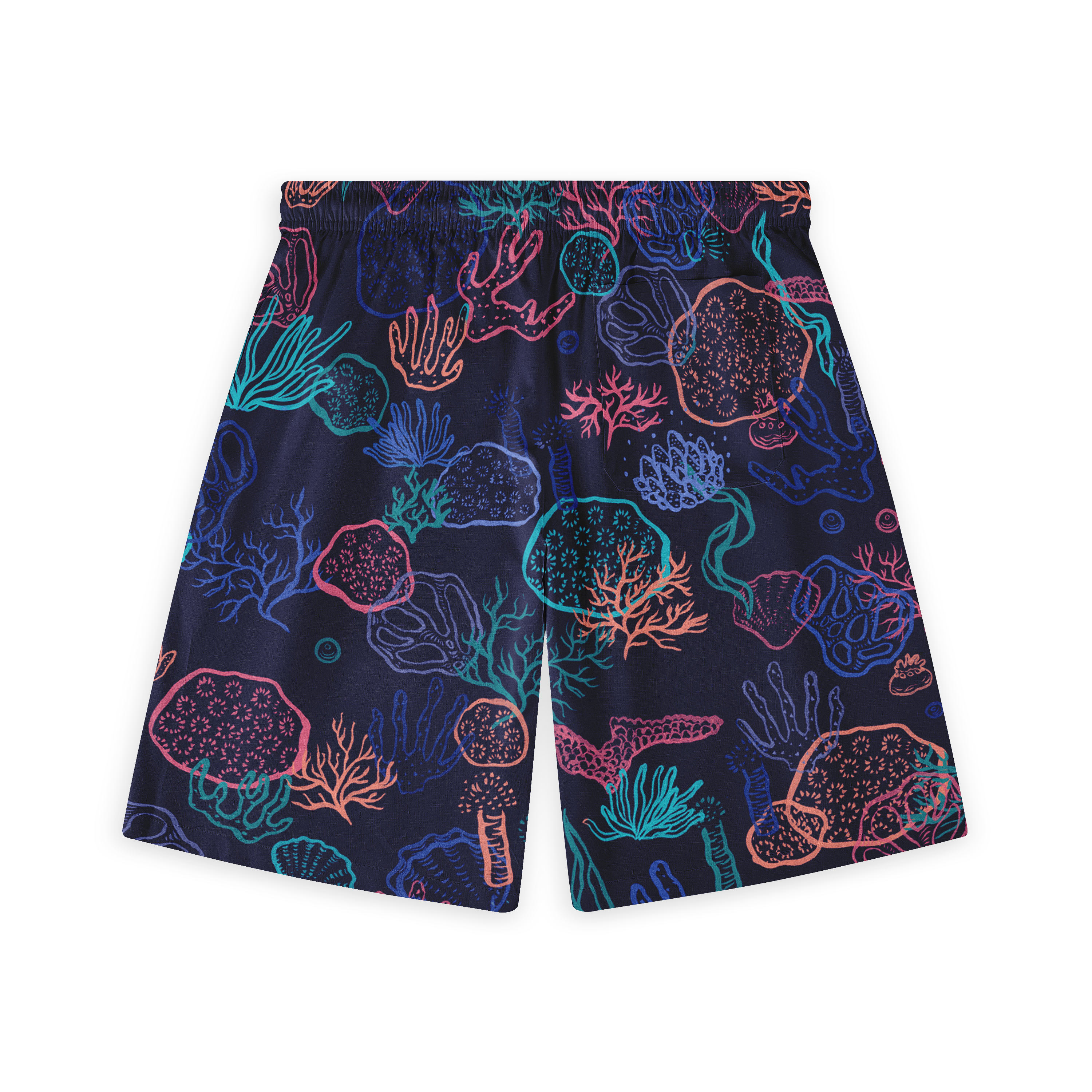 Dark blue swim shorts with vibrant coral and sea life patterns.