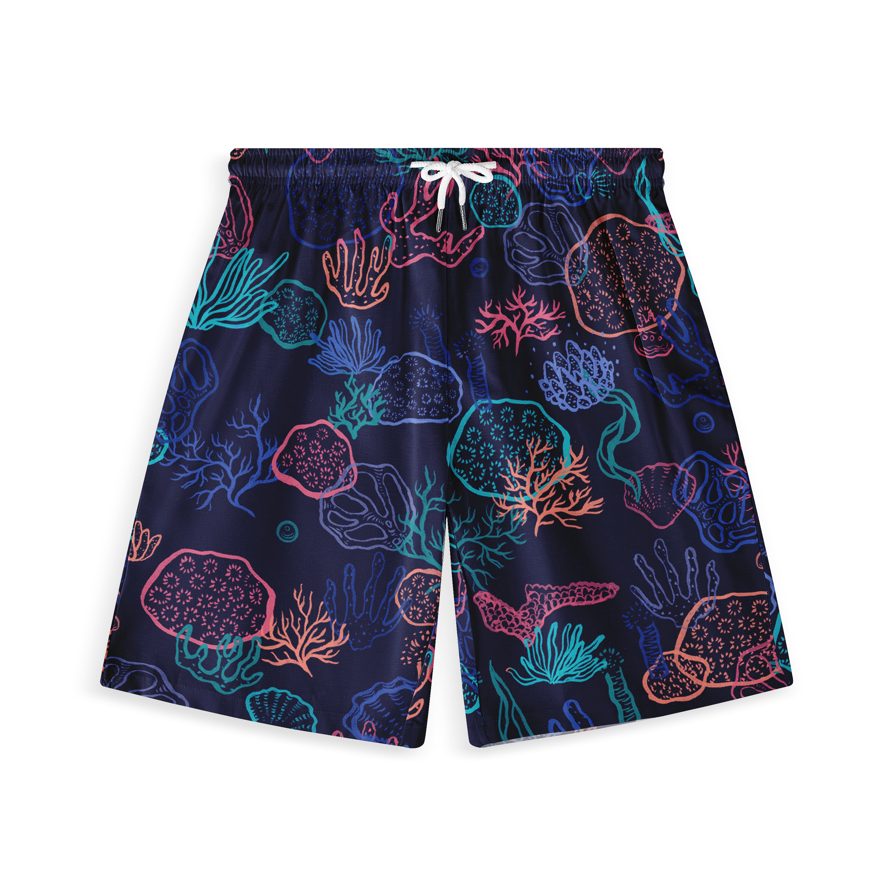 Navy blue swim shorts with vibrant coral and sea life pattern.