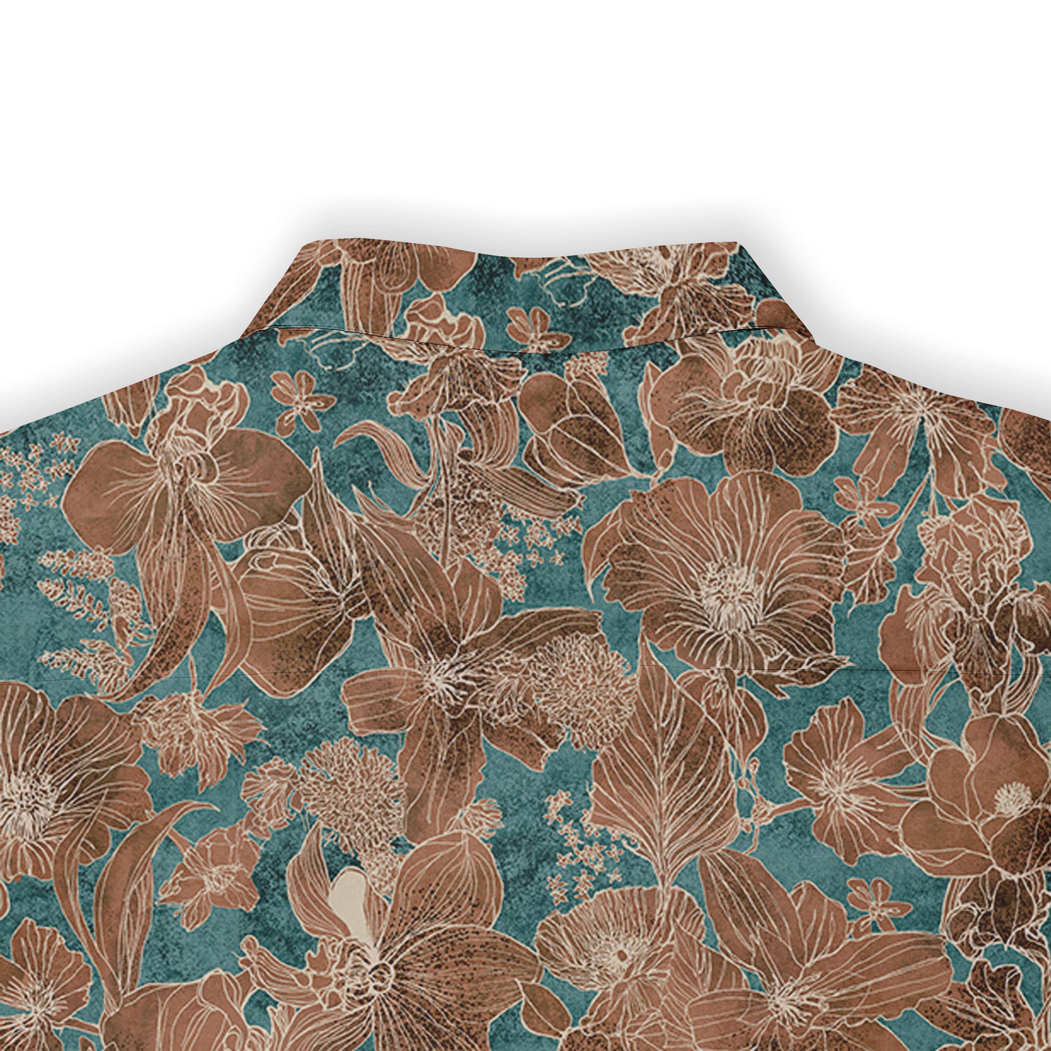 Teal fabric with brown floral pattern, folded corner.