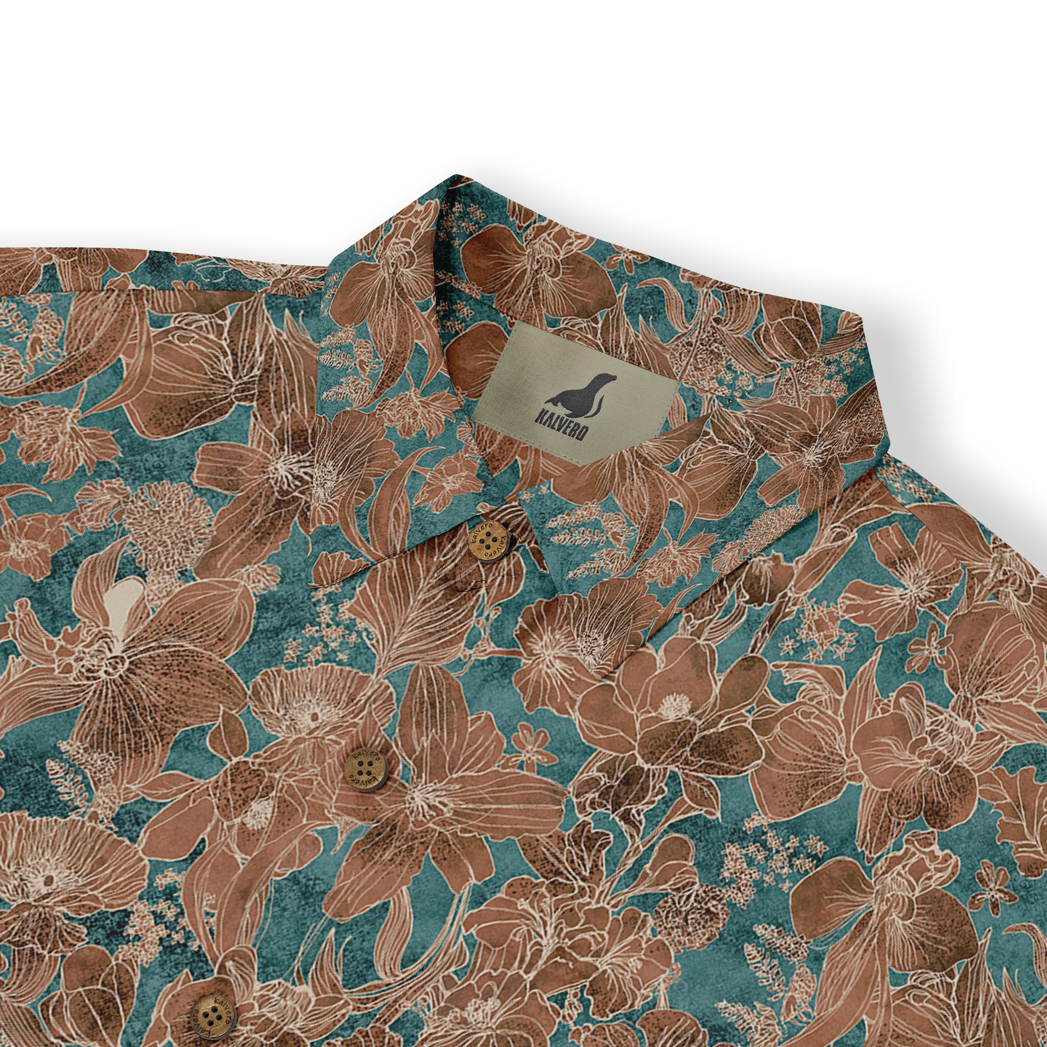 Floral-patterned shirt with brown and teal design, featuring wooden.