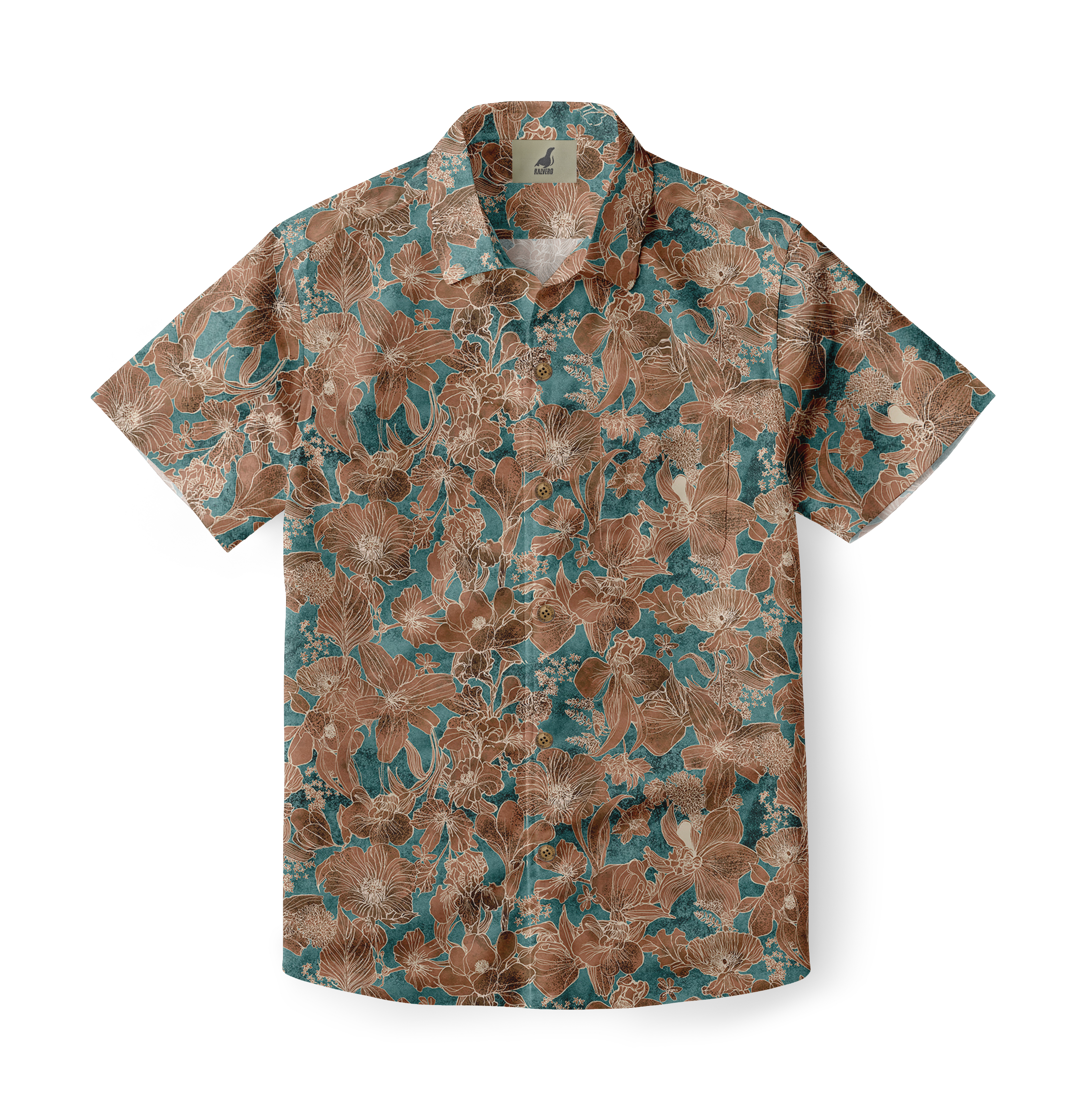 Teal and brown floral patterned short-sleeve shirt with button-down.