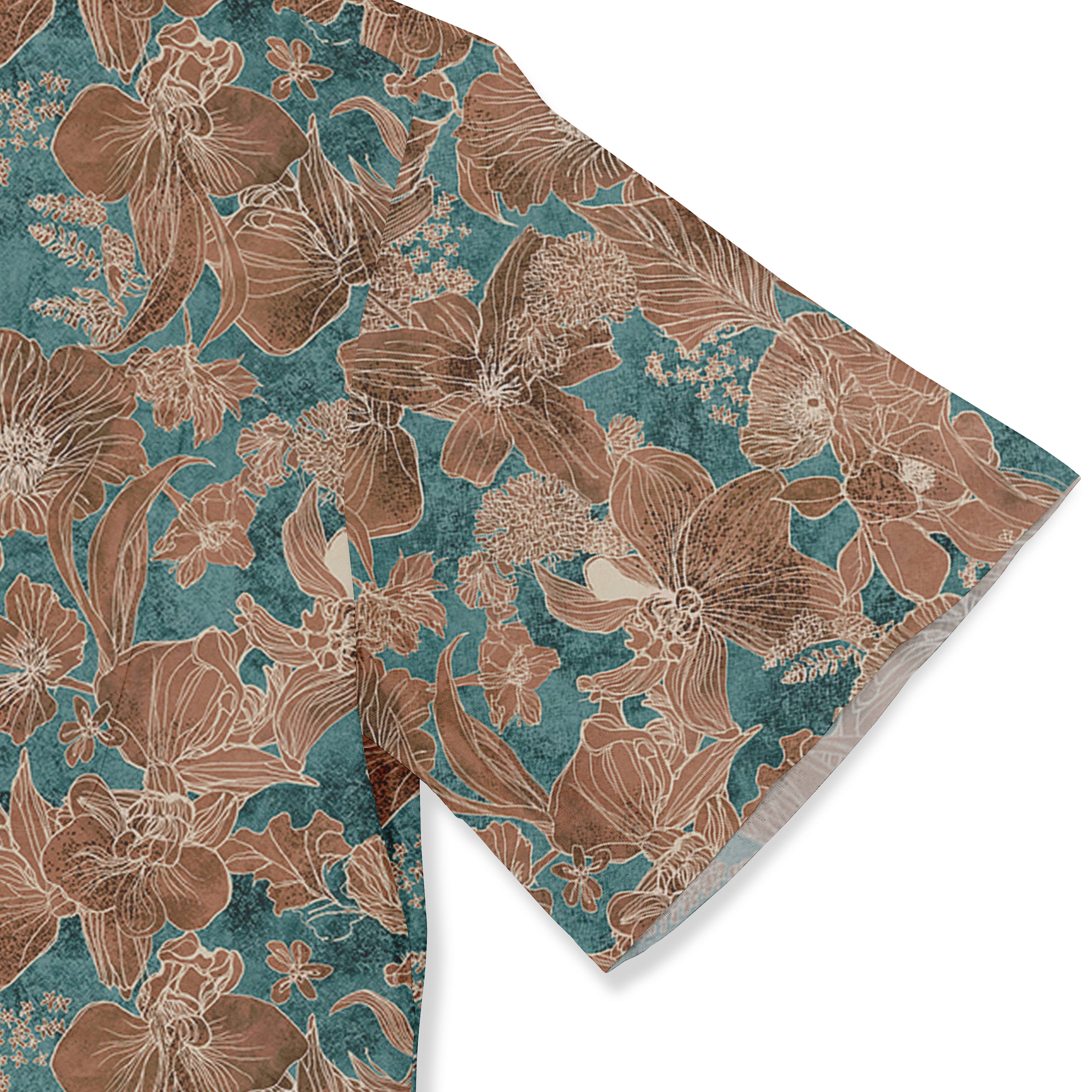Teal fabric with brown floral pattern, folded corner.
