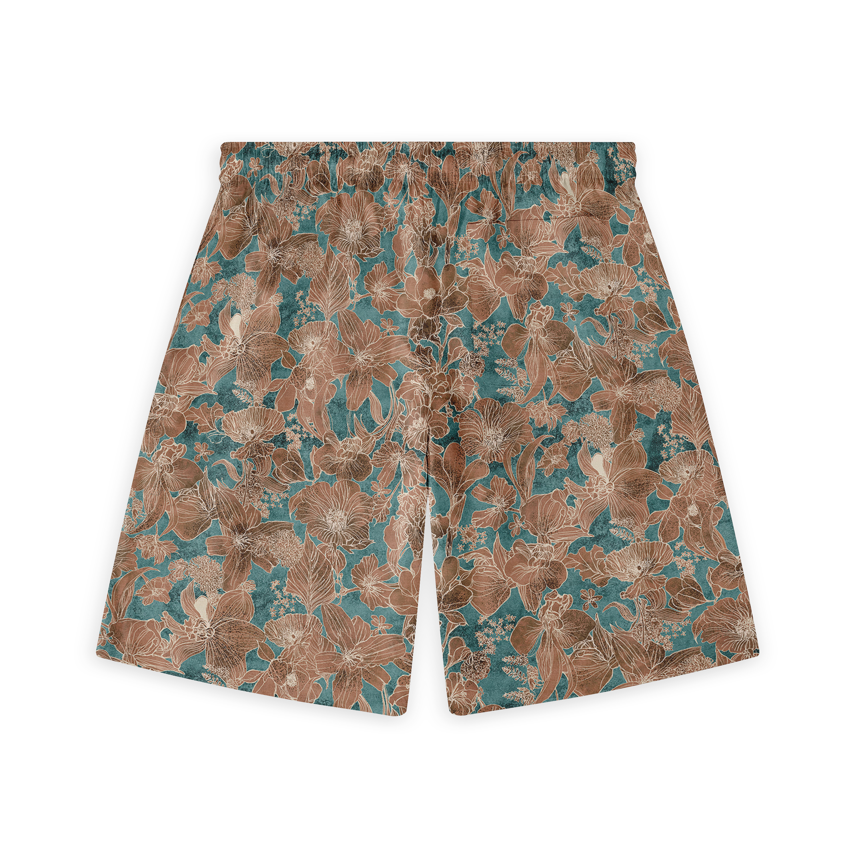 Floral-patterned shorts with brown flowers on a teal background.