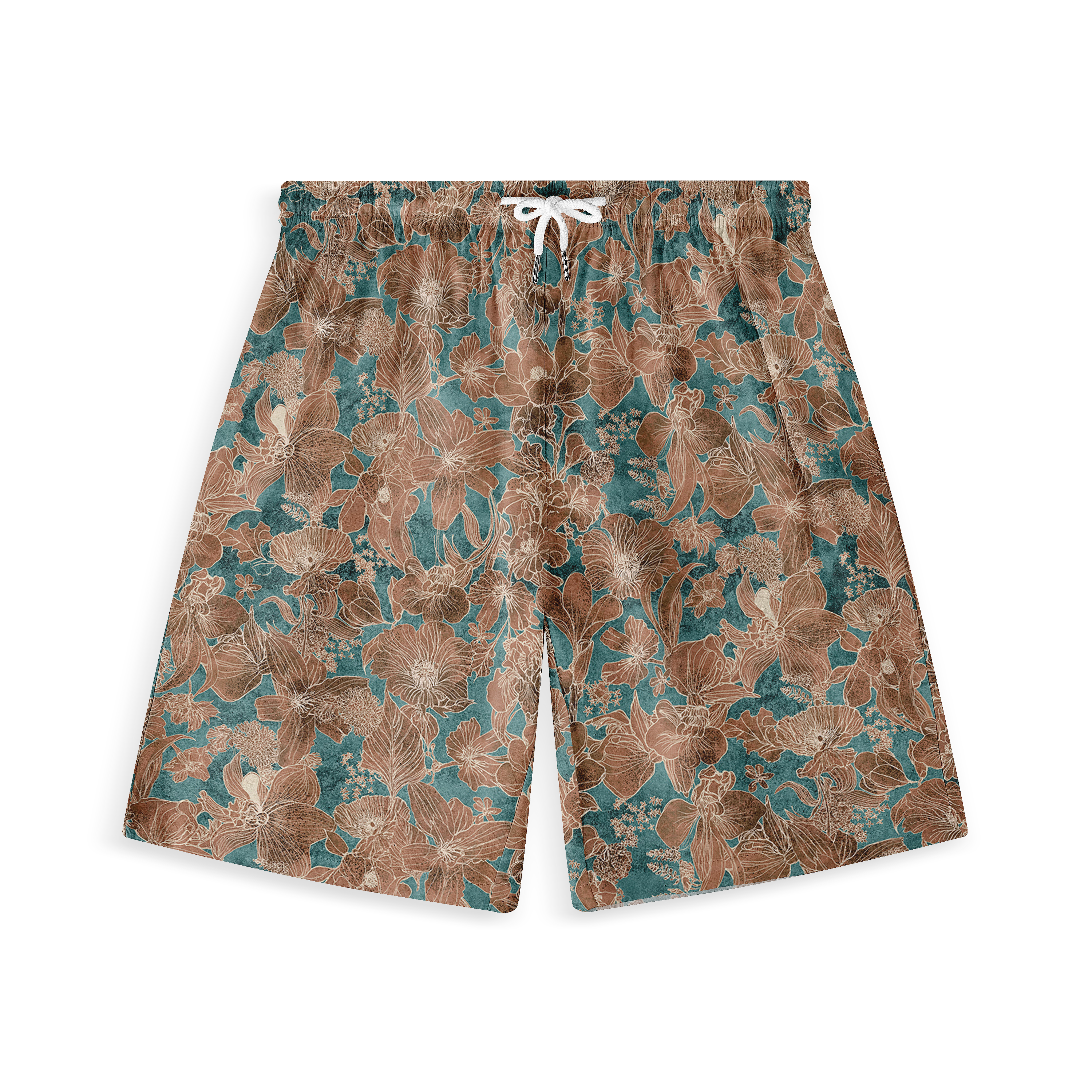 Floral-patterned shorts with brown flowers on a teal background.