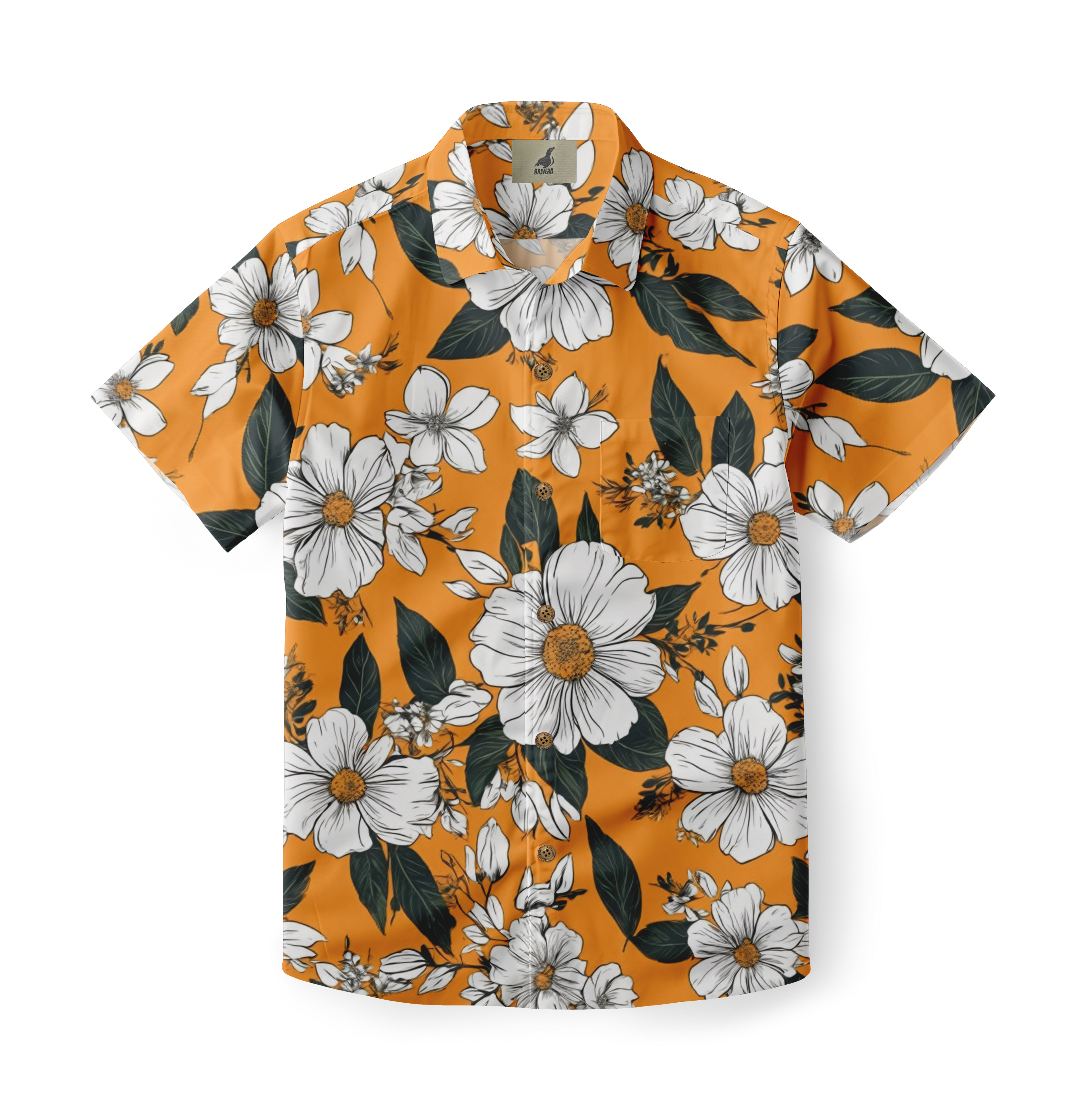 Vibrant orange short-sleeve shirt with white floral pattern and dark.