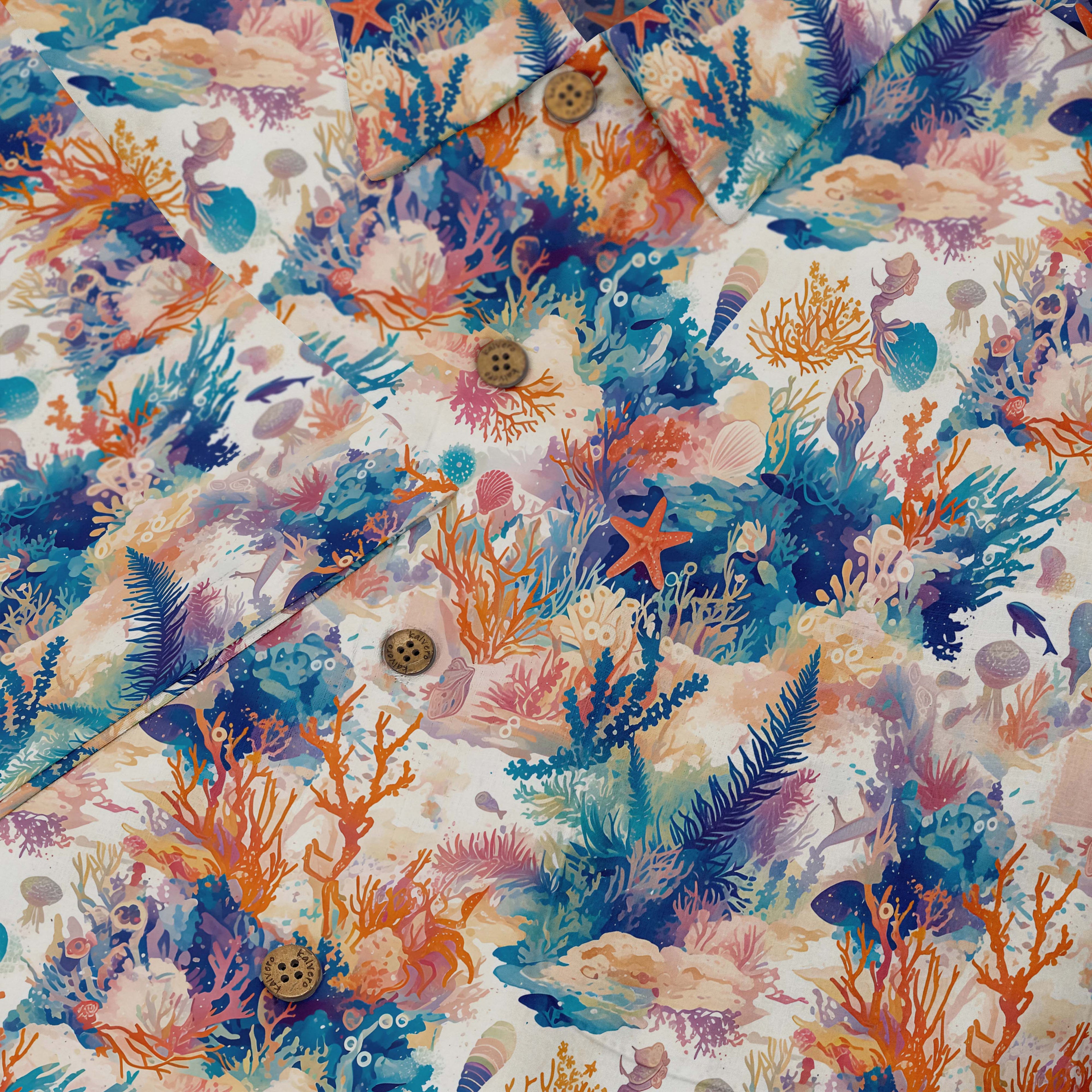 Colorful coral reef print fabric with buttons.