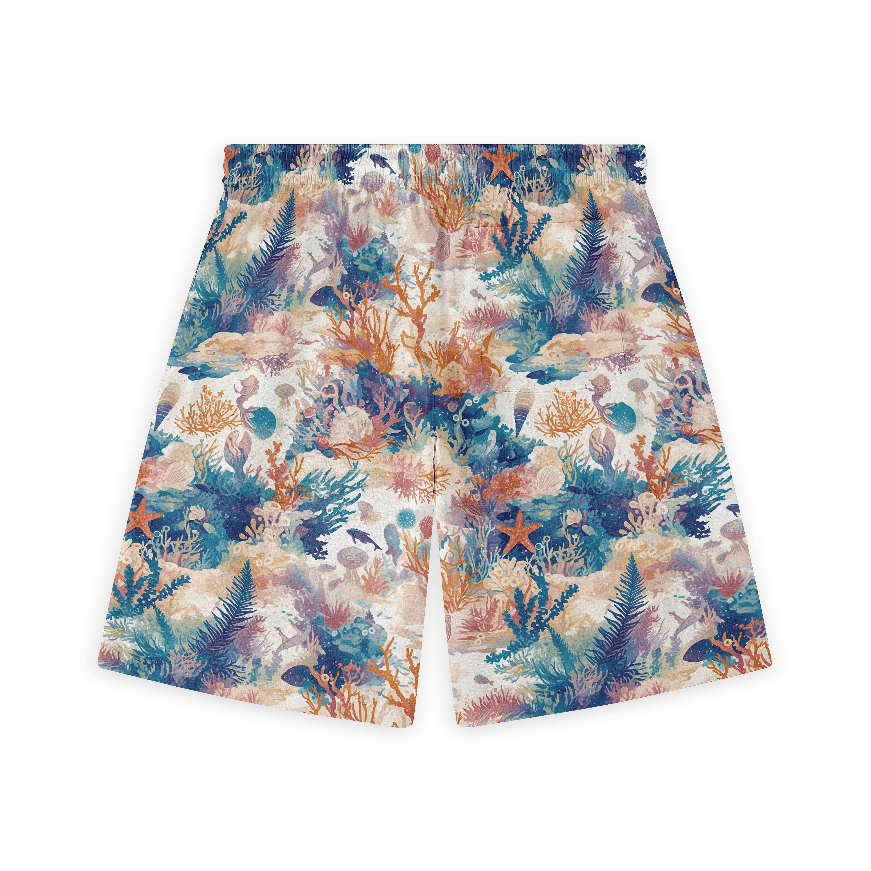 Colorful coral reef patterned swim shorts.
