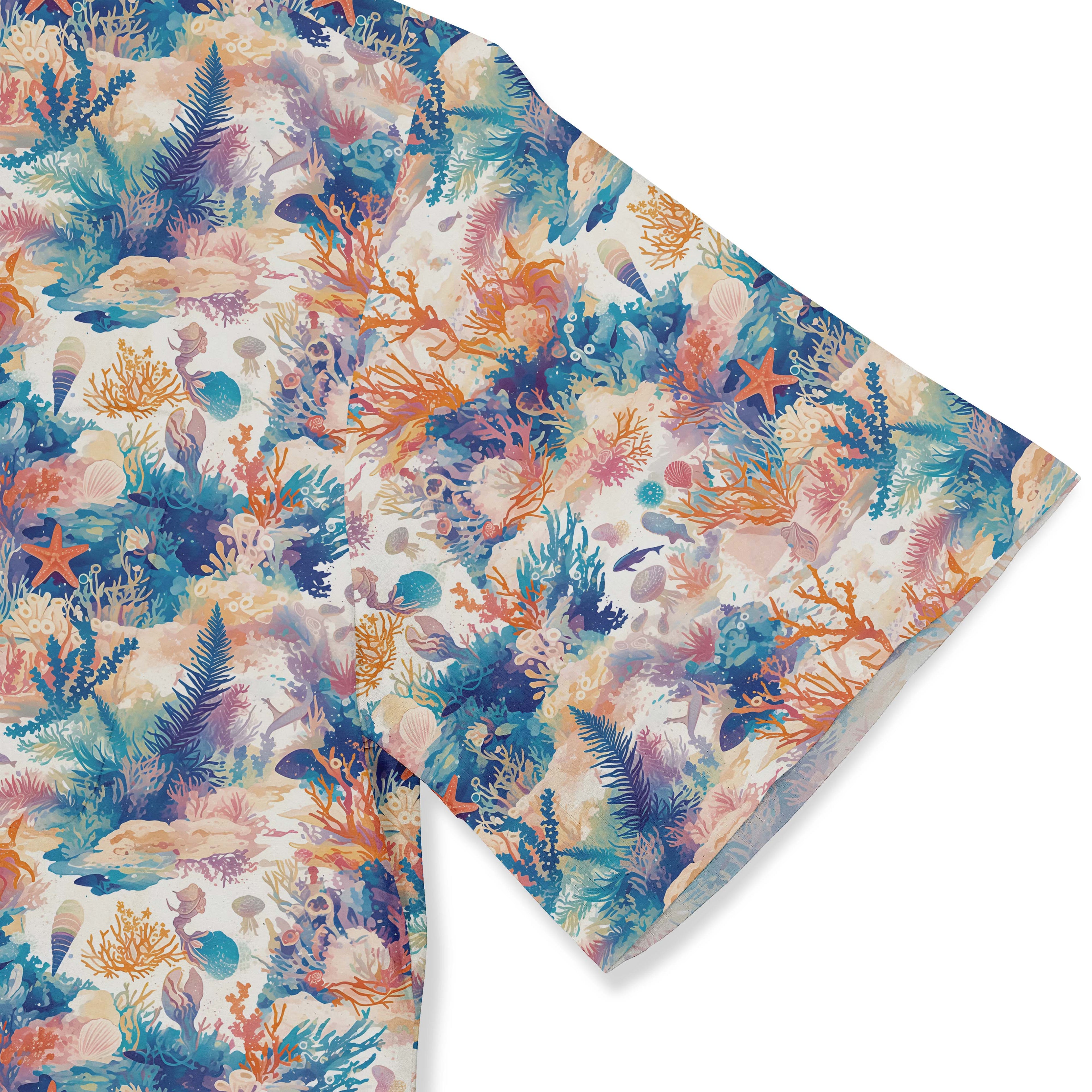Colorful coral reef print fabric, vibrant underwater scene.