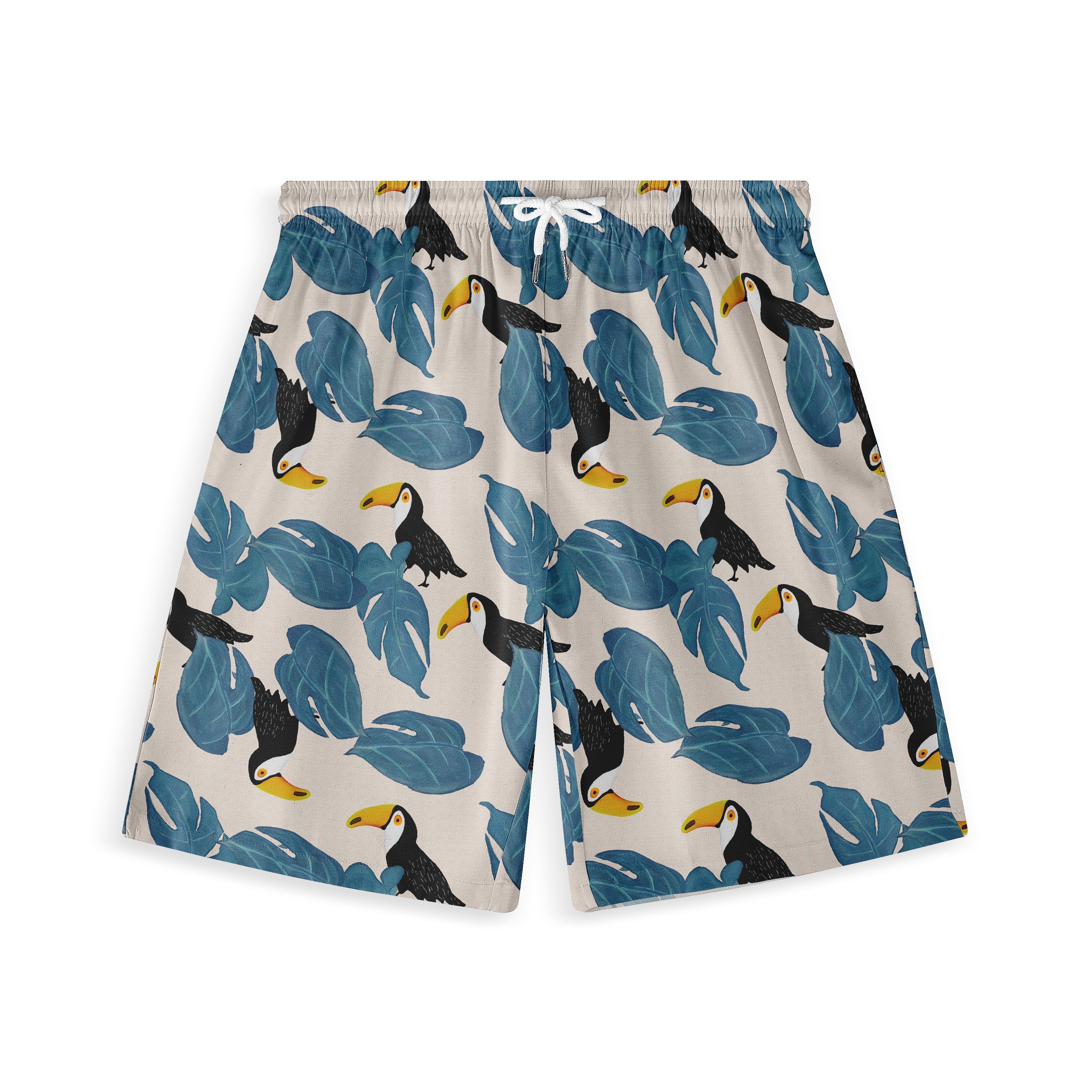 Beige swim shorts with a vibrant tropical pattern of blue leaves.