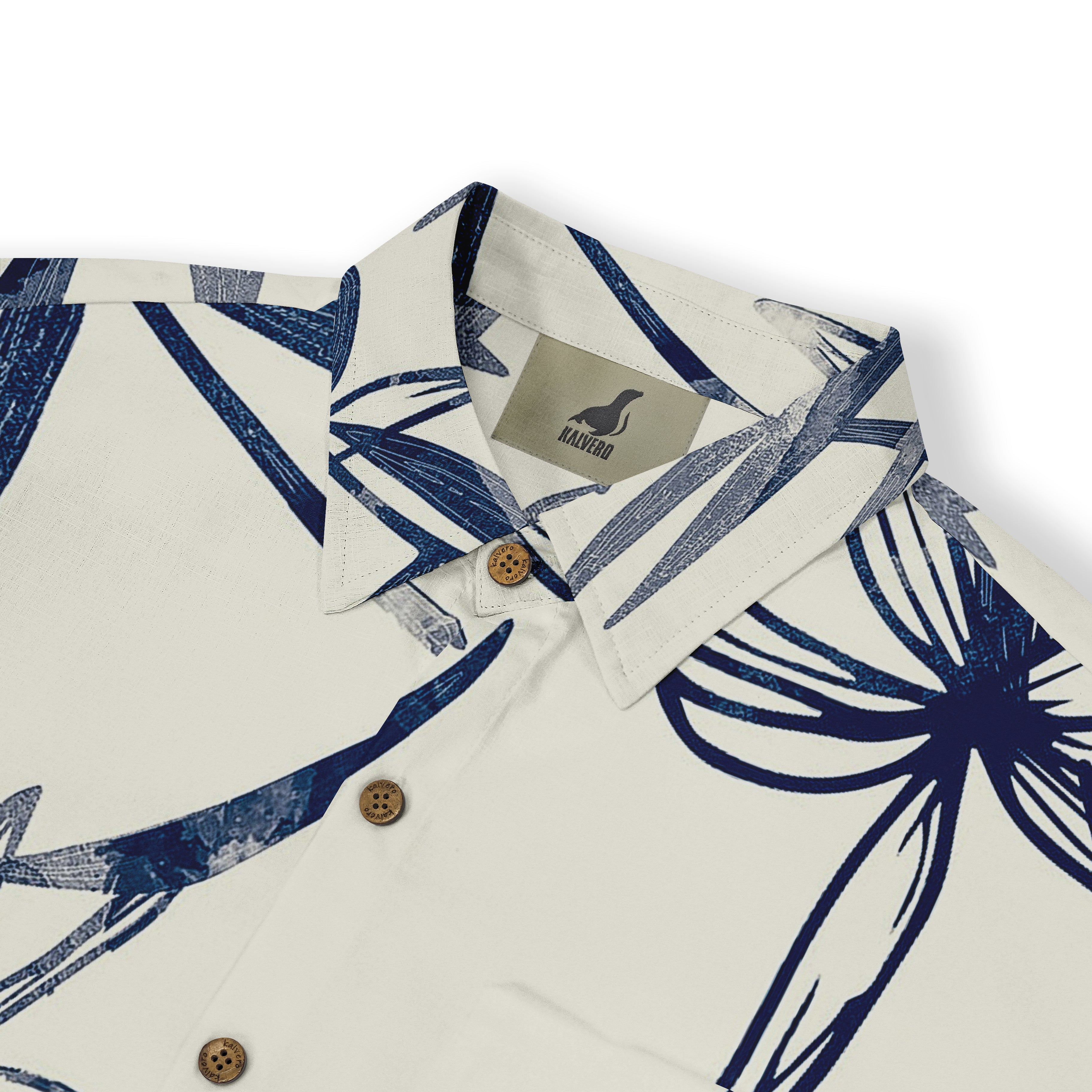 Cream-colored shirt with navy blue tropical print, wooden buttons.