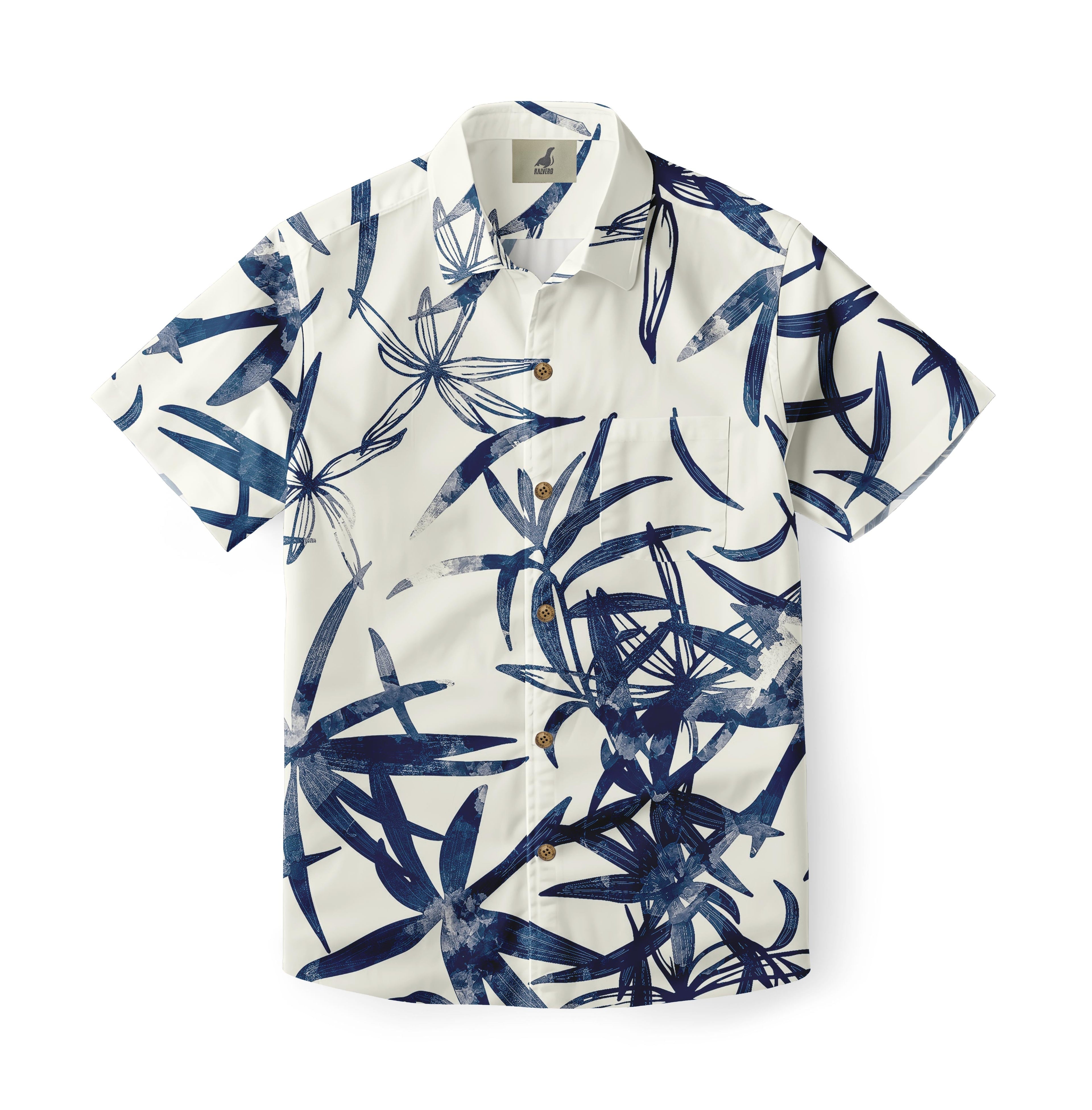 White short-sleeve shirt with blue tropical leaf print and wooden.