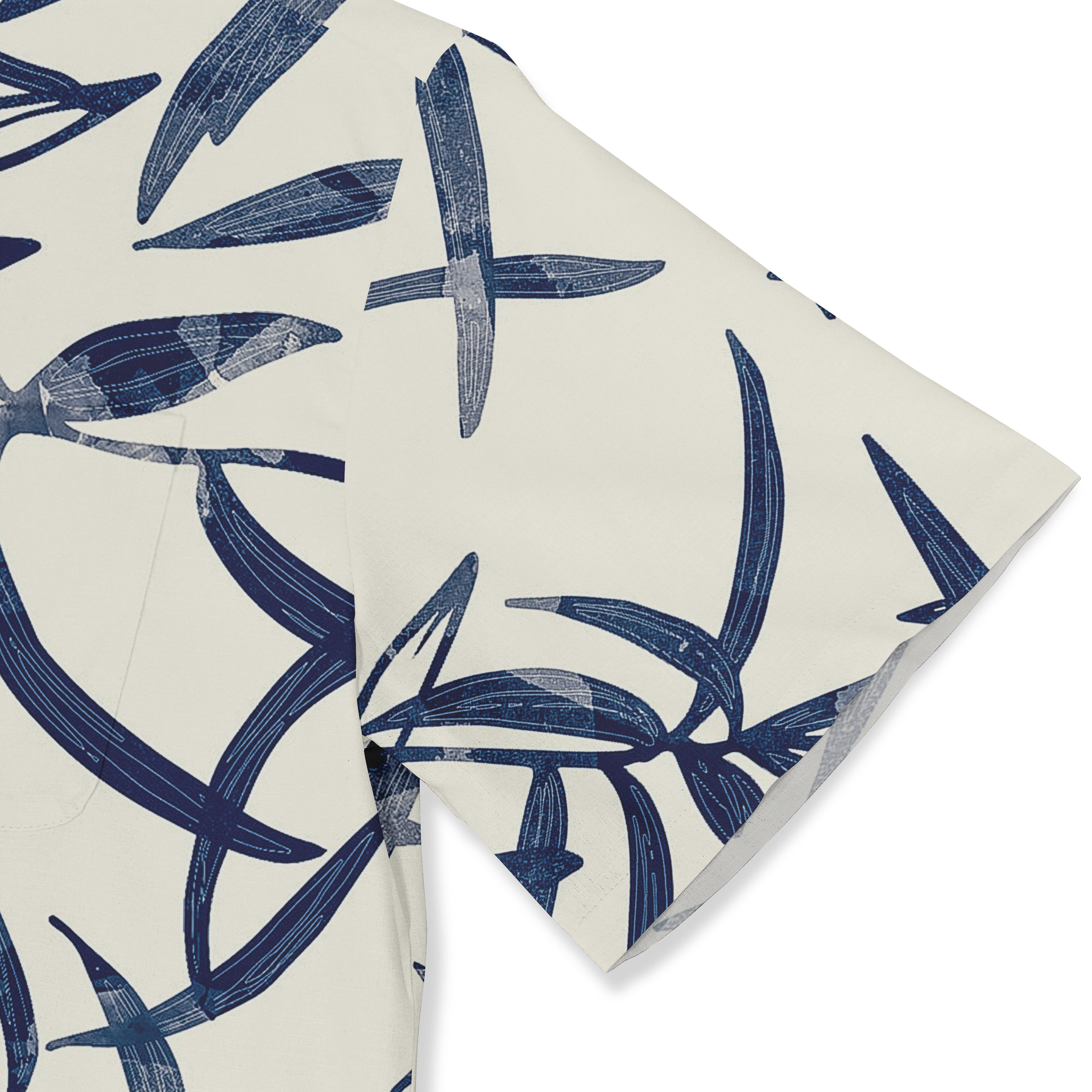 Cream fabric with navy blue botanical print, featuring stylized.