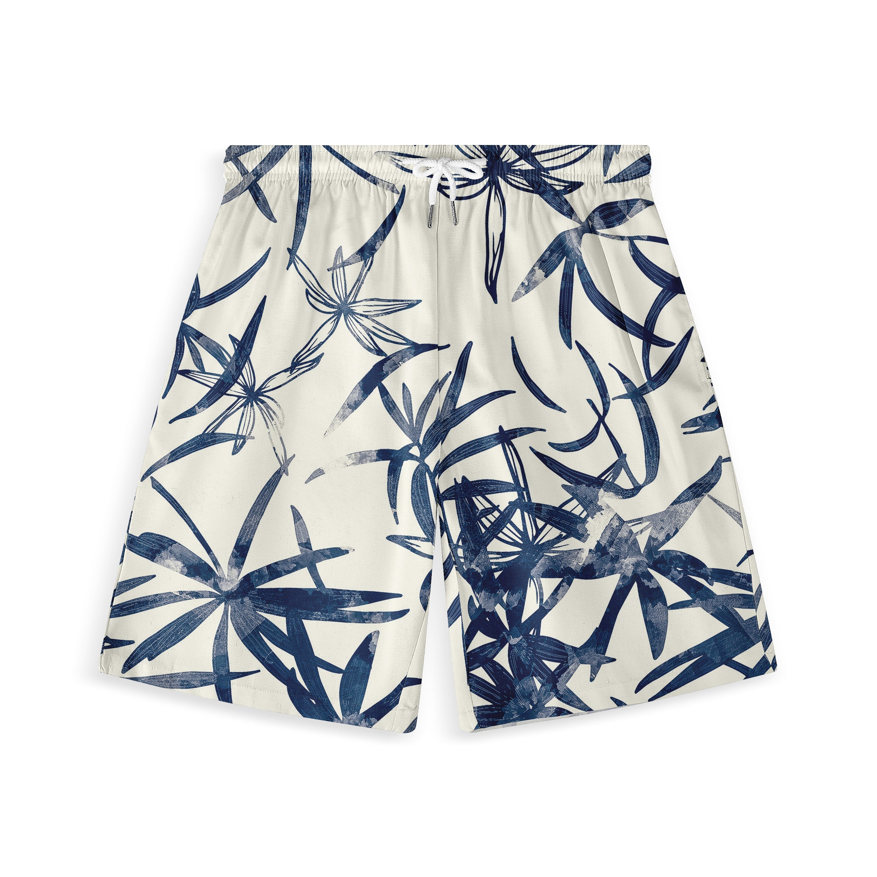 Cream shorts with navy blue tropical leaf print, featuring.