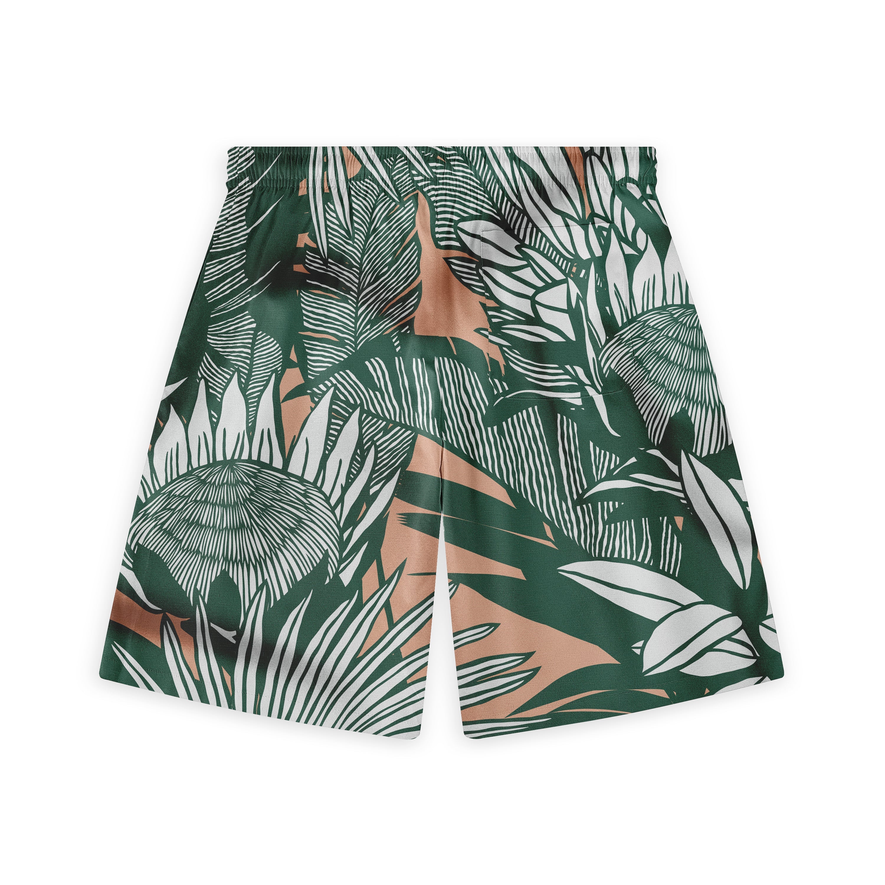Tropical leaf-patterned shorts in green, white, and beige with.