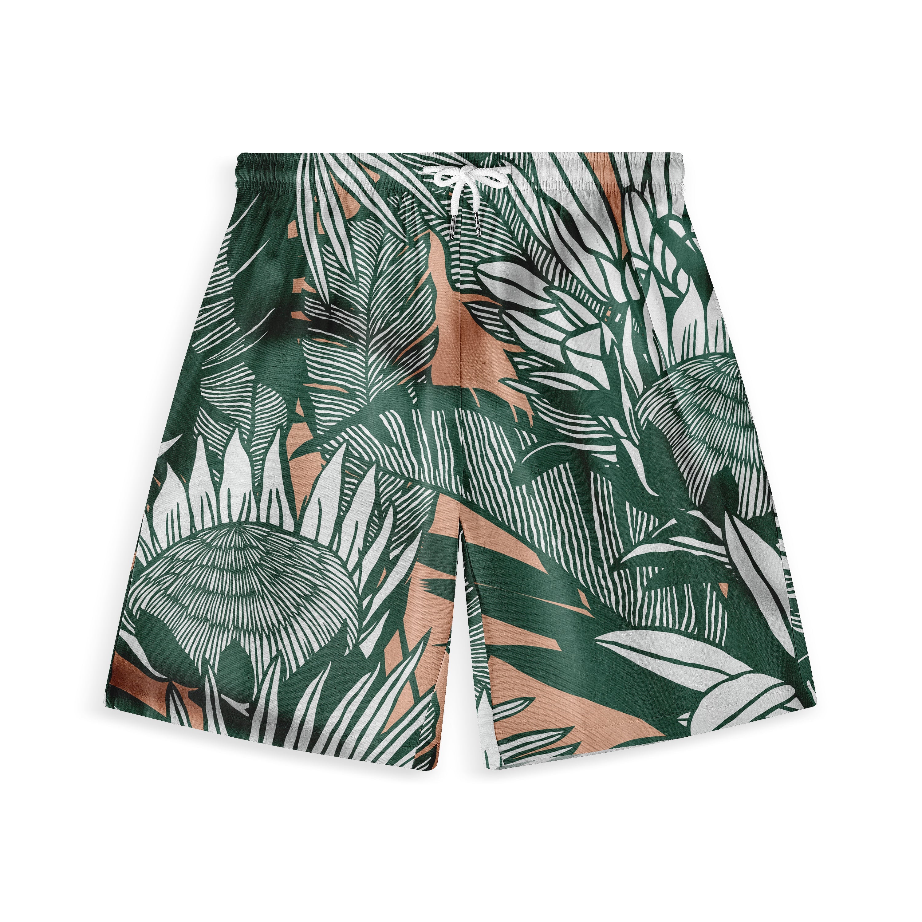 Tropical leaf-patterned swim shorts in green, white, and brown with.