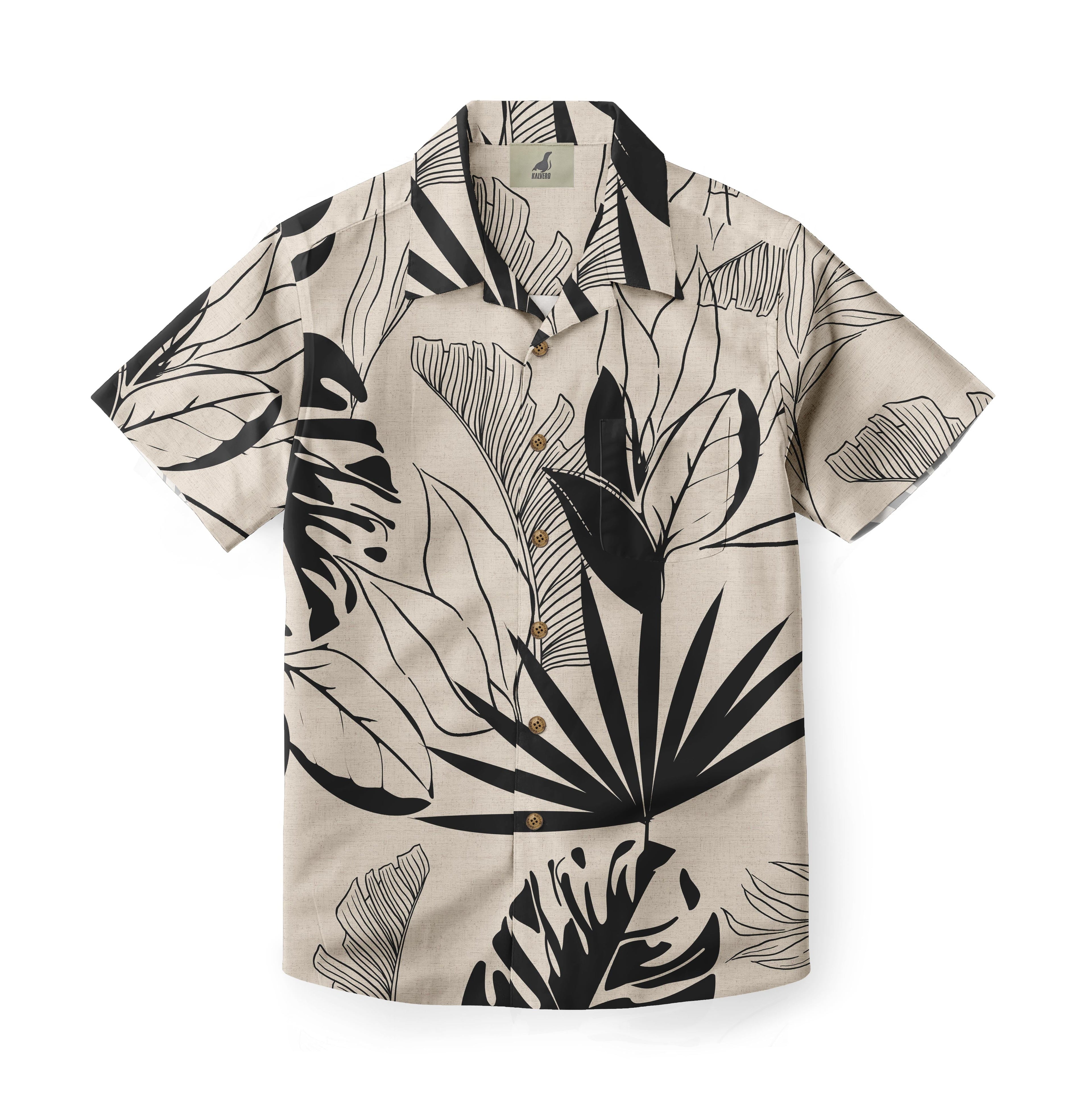 Beige short-sleeve shirt with black tropical leaf print and wooden.