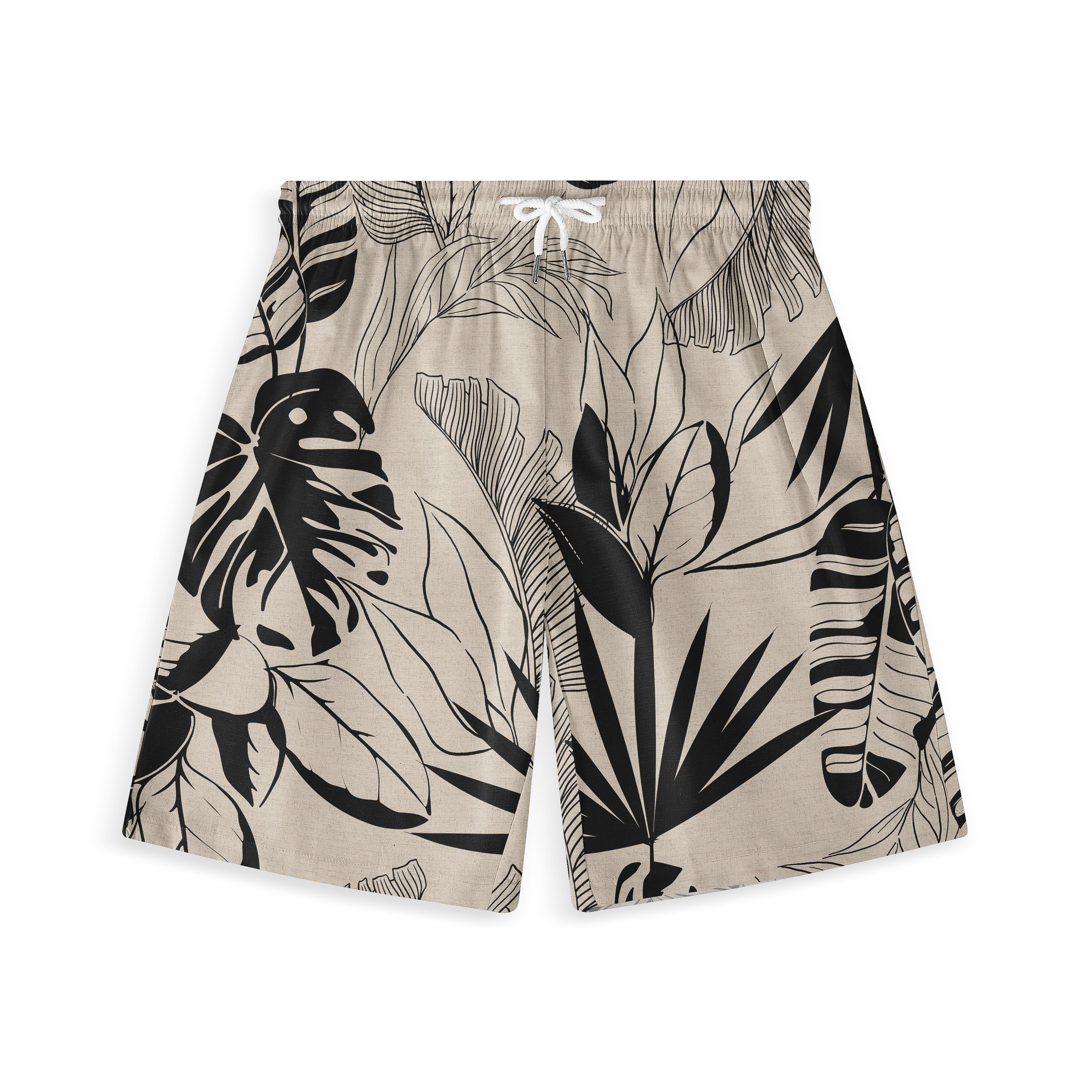 Beige shorts with black tropical leaf print and white drawstring.
