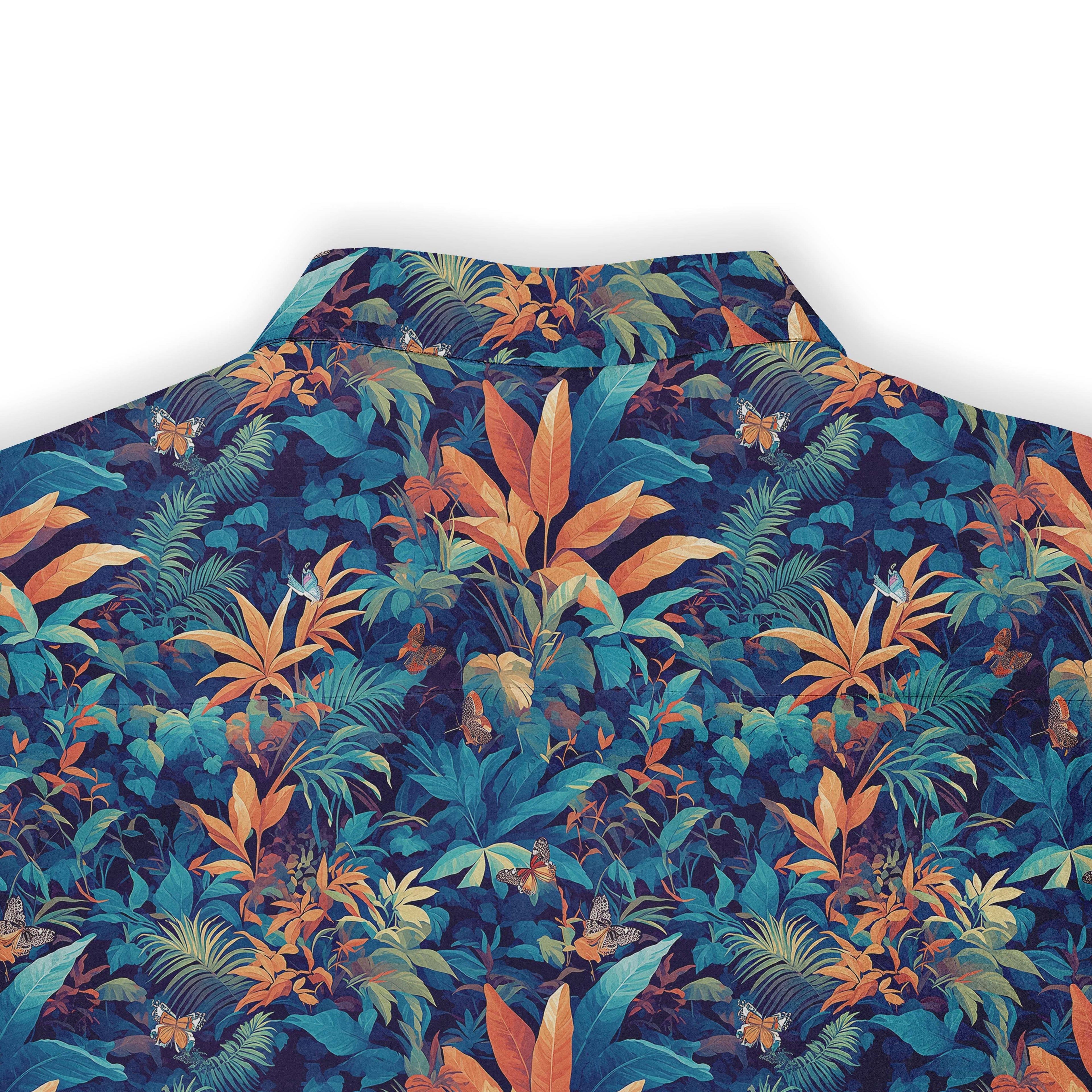 Tropical print shirt with orange leaves and butterflies.