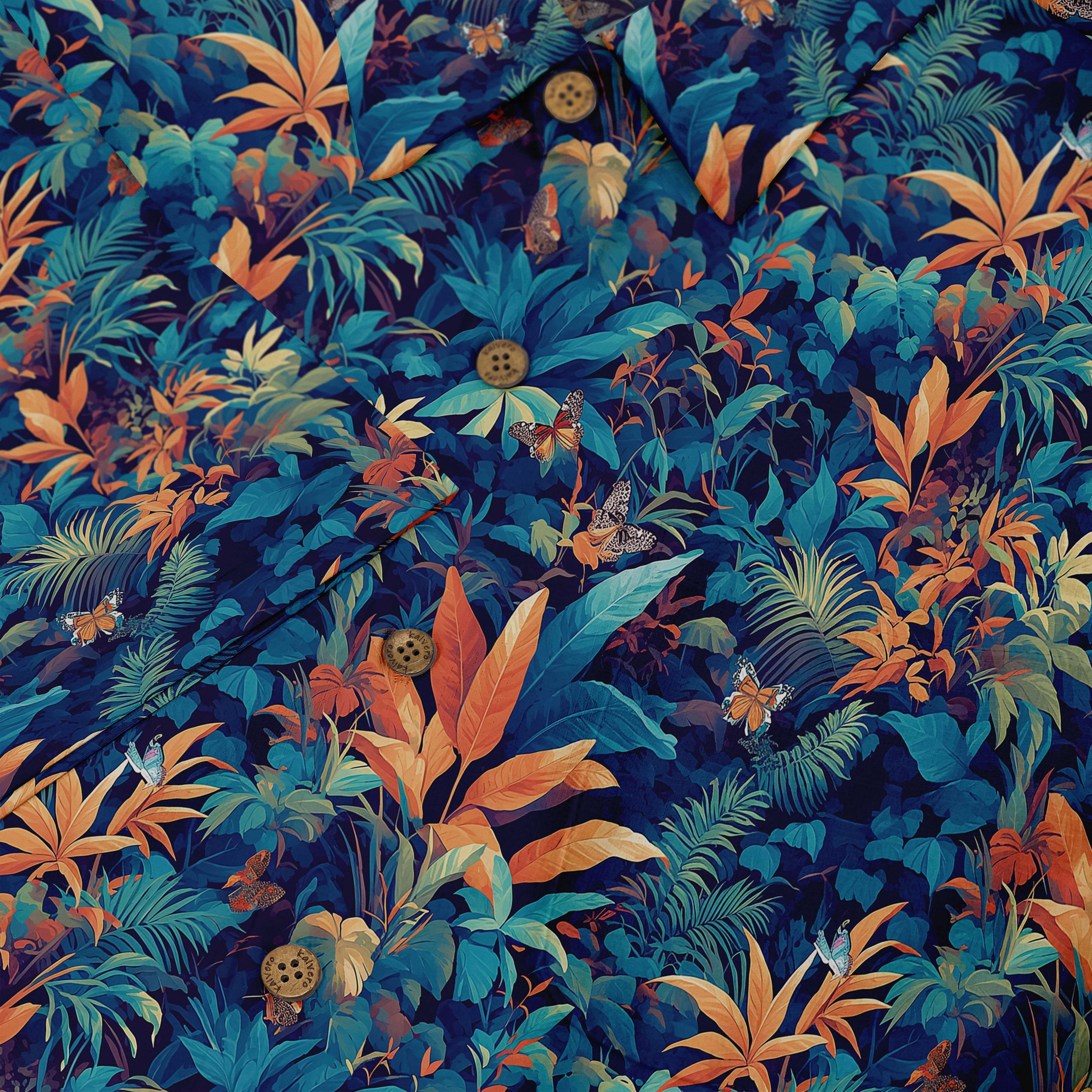 Tropical fabric with orange leaves, blue-green foliage.