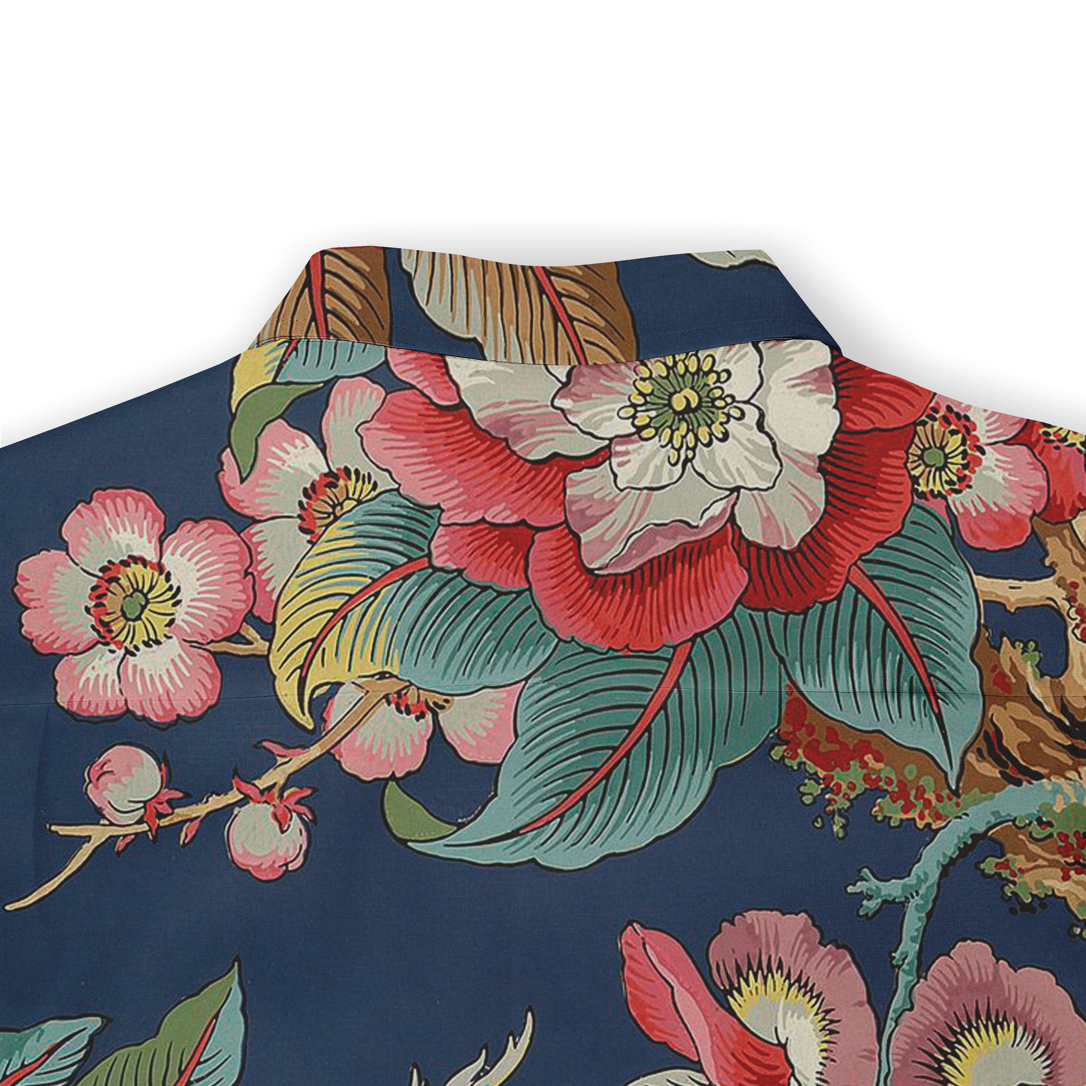 Navy blue shirt with vibrant floral pattern featuring pink, red.