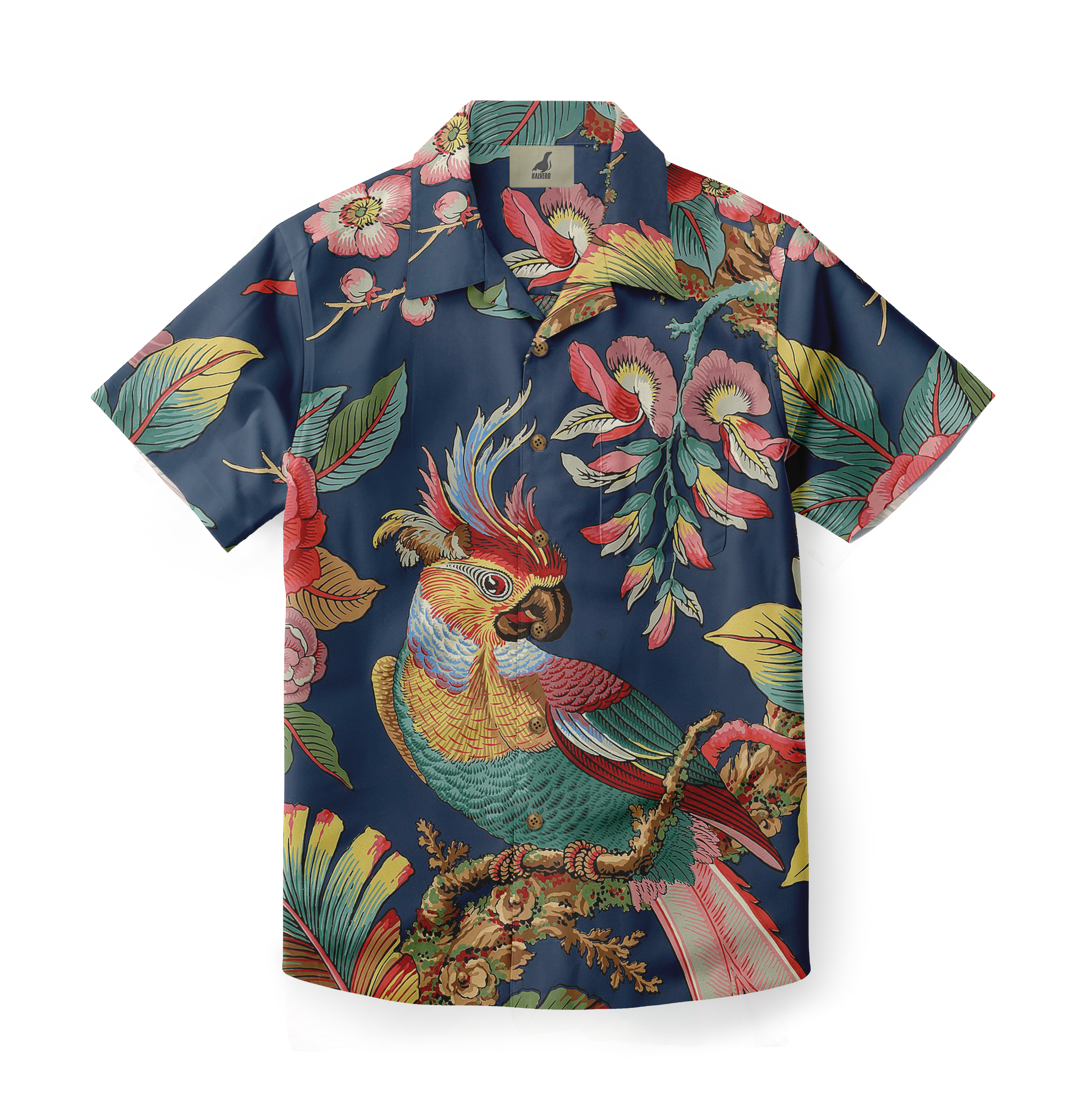 Vibrant navy blue shirt with colorful parrot and floral tropical.