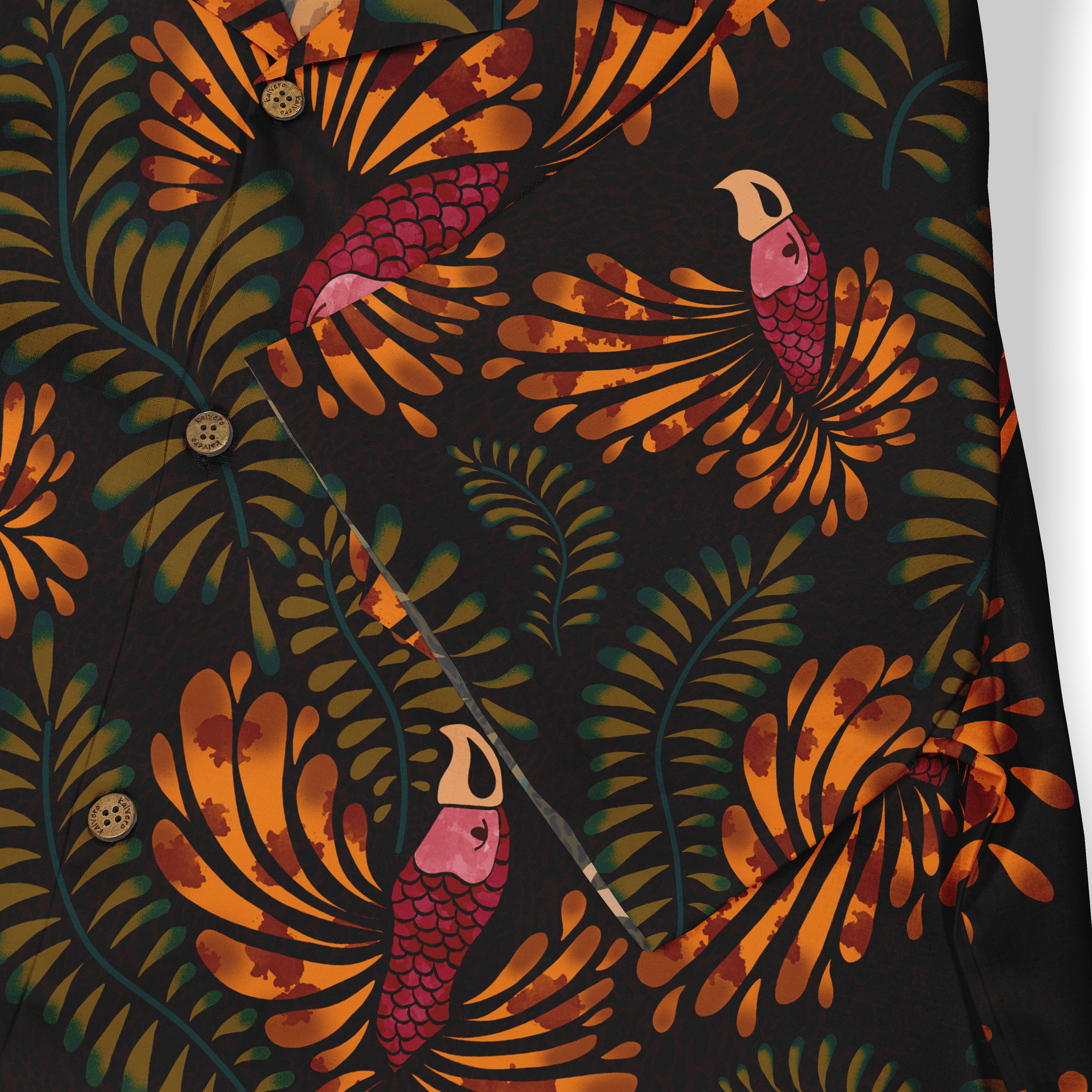 Black shirt with vibrant tropical print featuring pink birds.