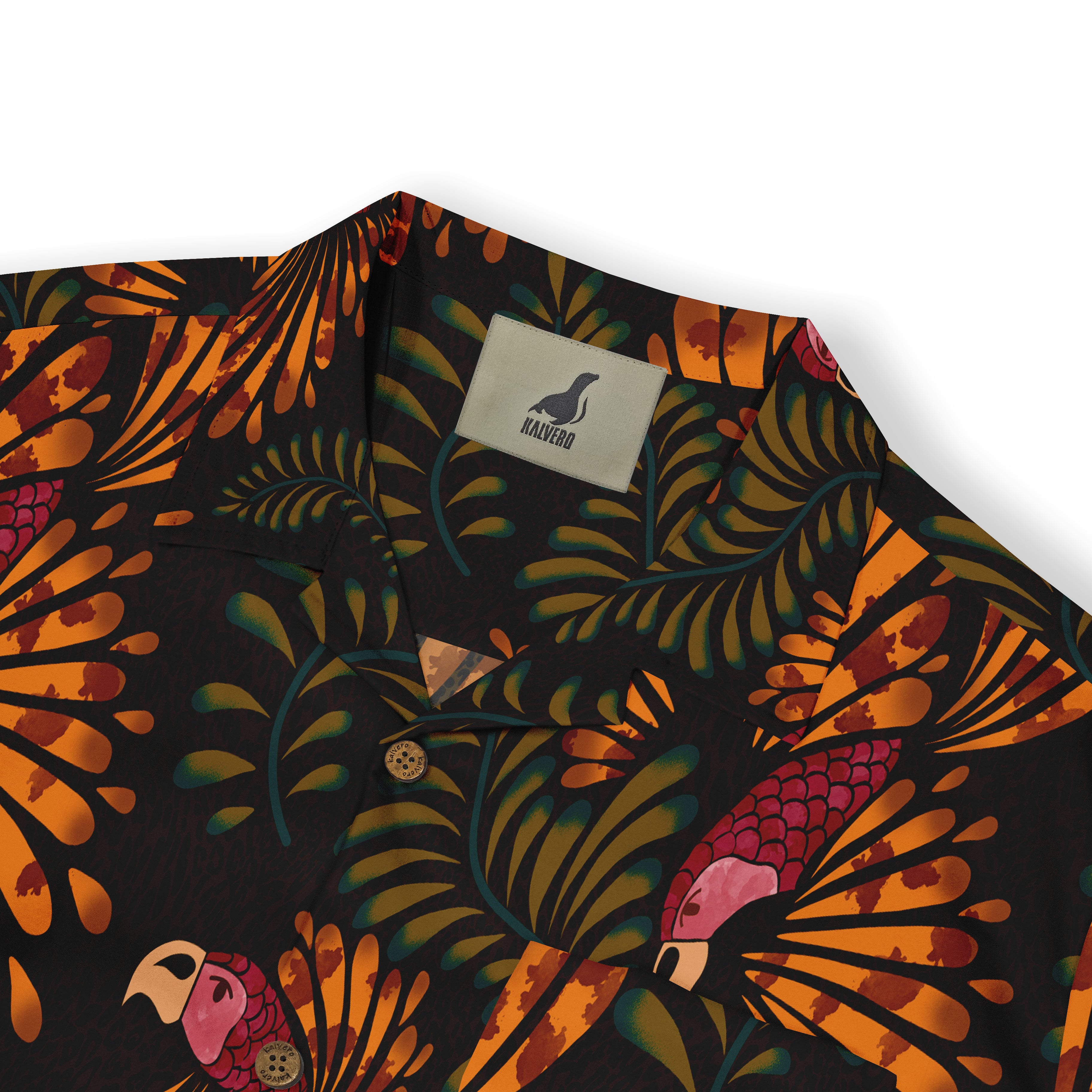 Vibrant tropical shirt with bold parrot and leaf pattern on black.