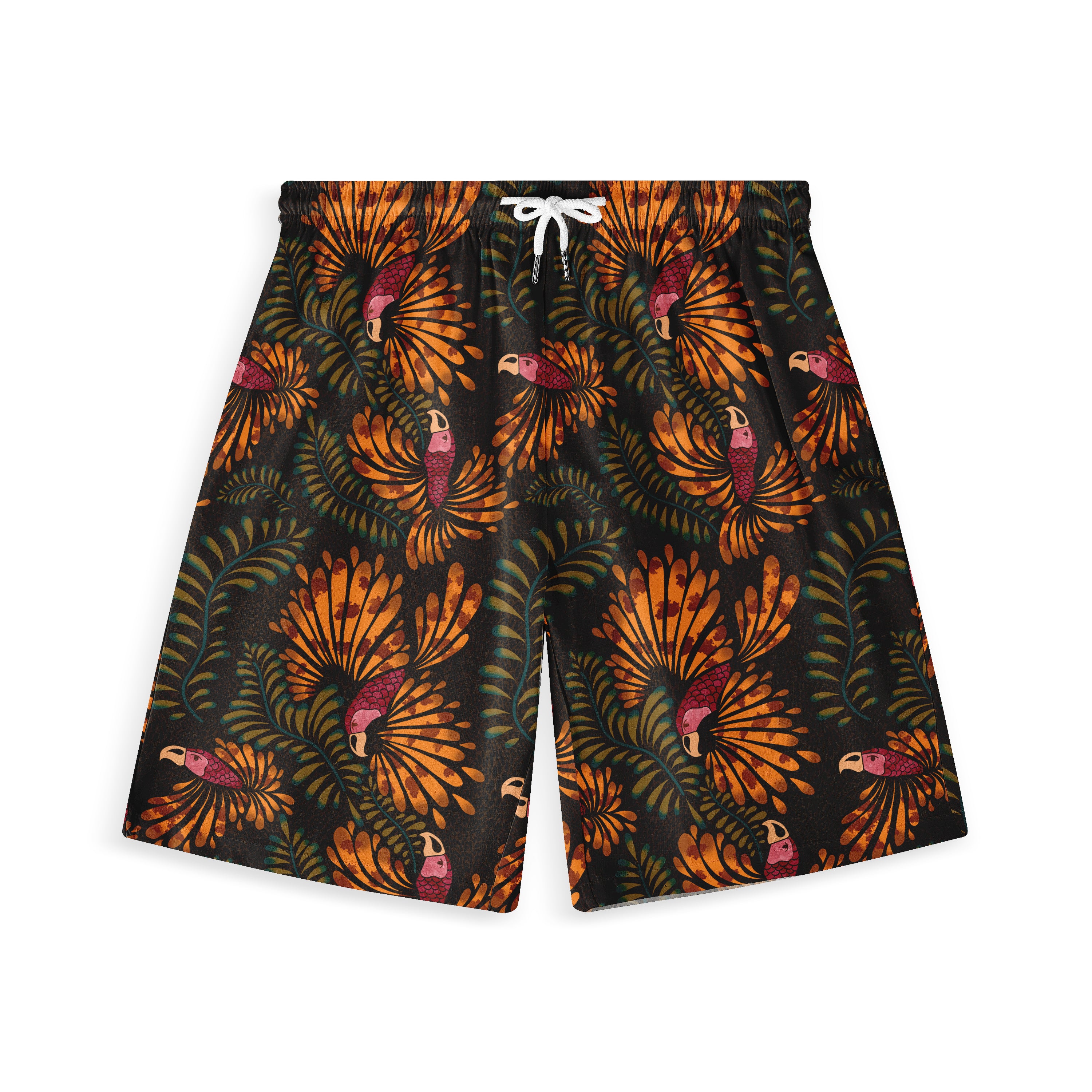 Black shorts with vibrant orange and pink toucan and leaf pattern.