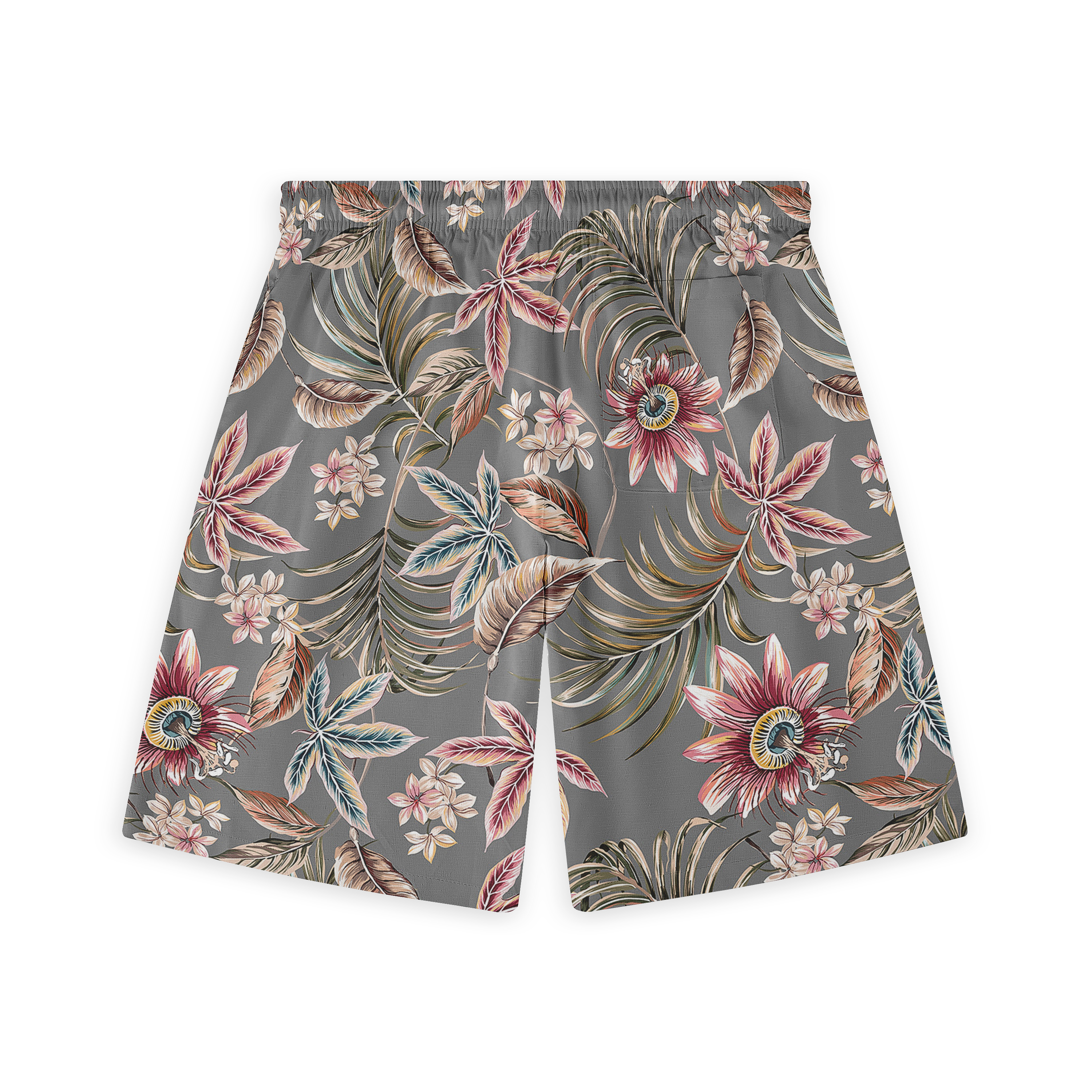 Gray shorts with vibrant floral and leaf pattern in pink, red.