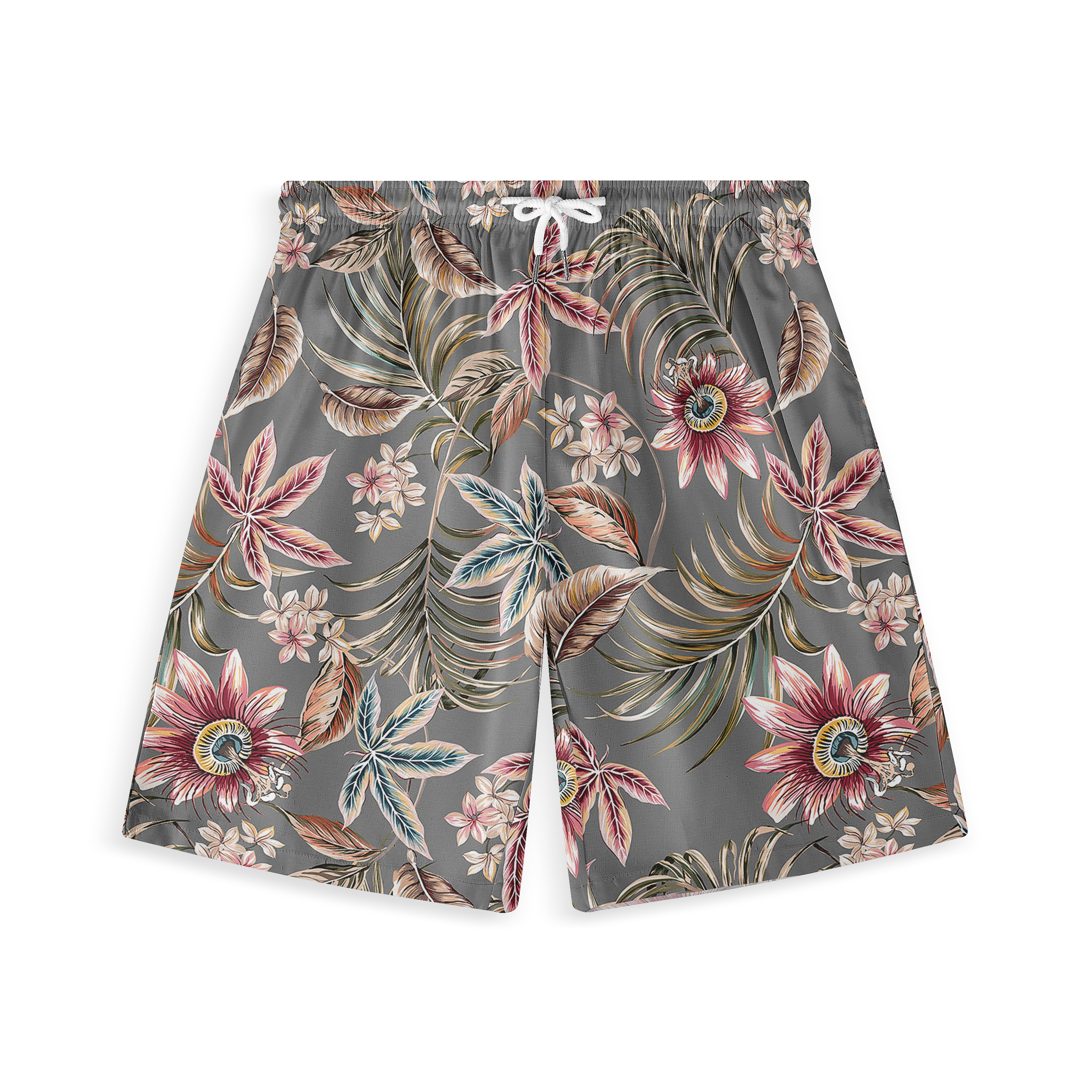 Gray floral shorts with vibrant tropical print and white drawstring.