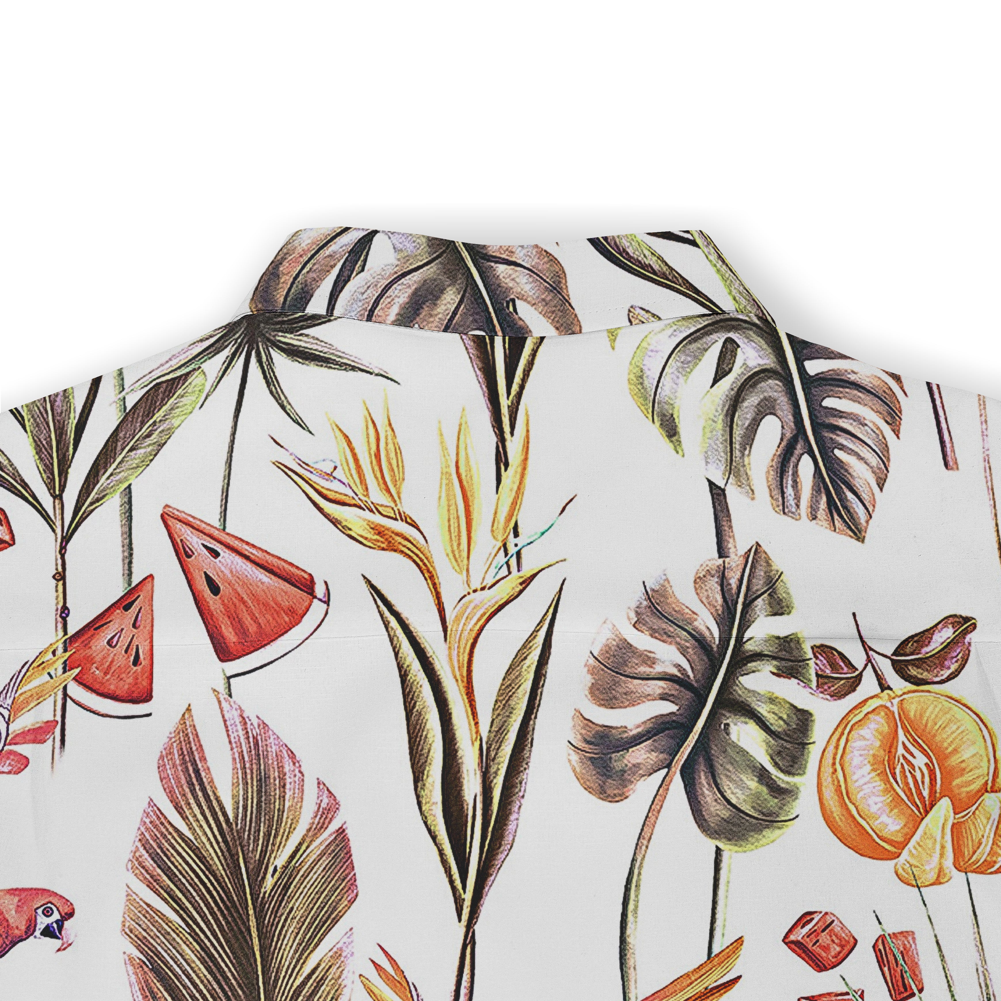 Tropical print shirt with leaves, flowers, fruits, and parrot.