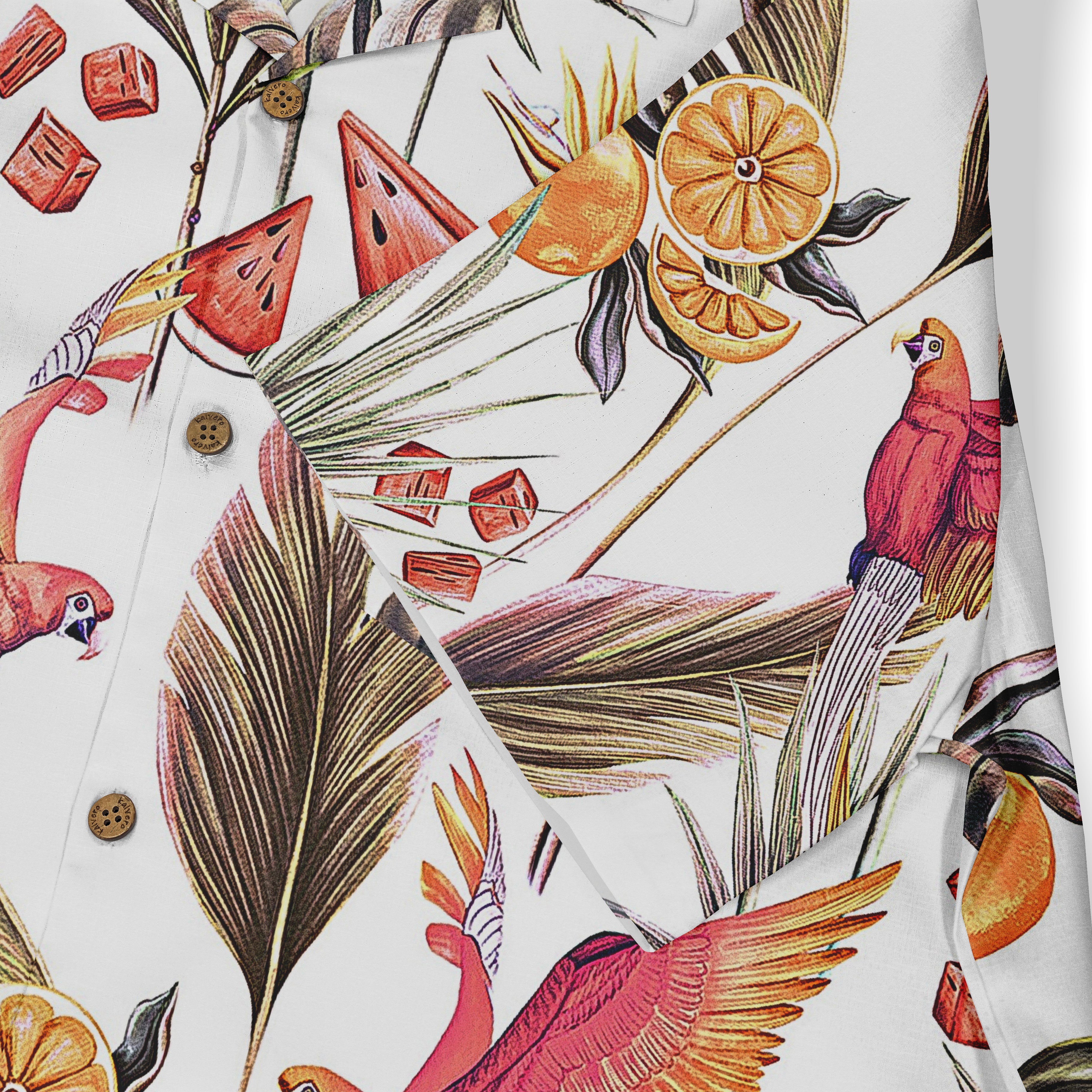 Tropical print shirt with vibrant parrots, palm leaves, and fruit.
