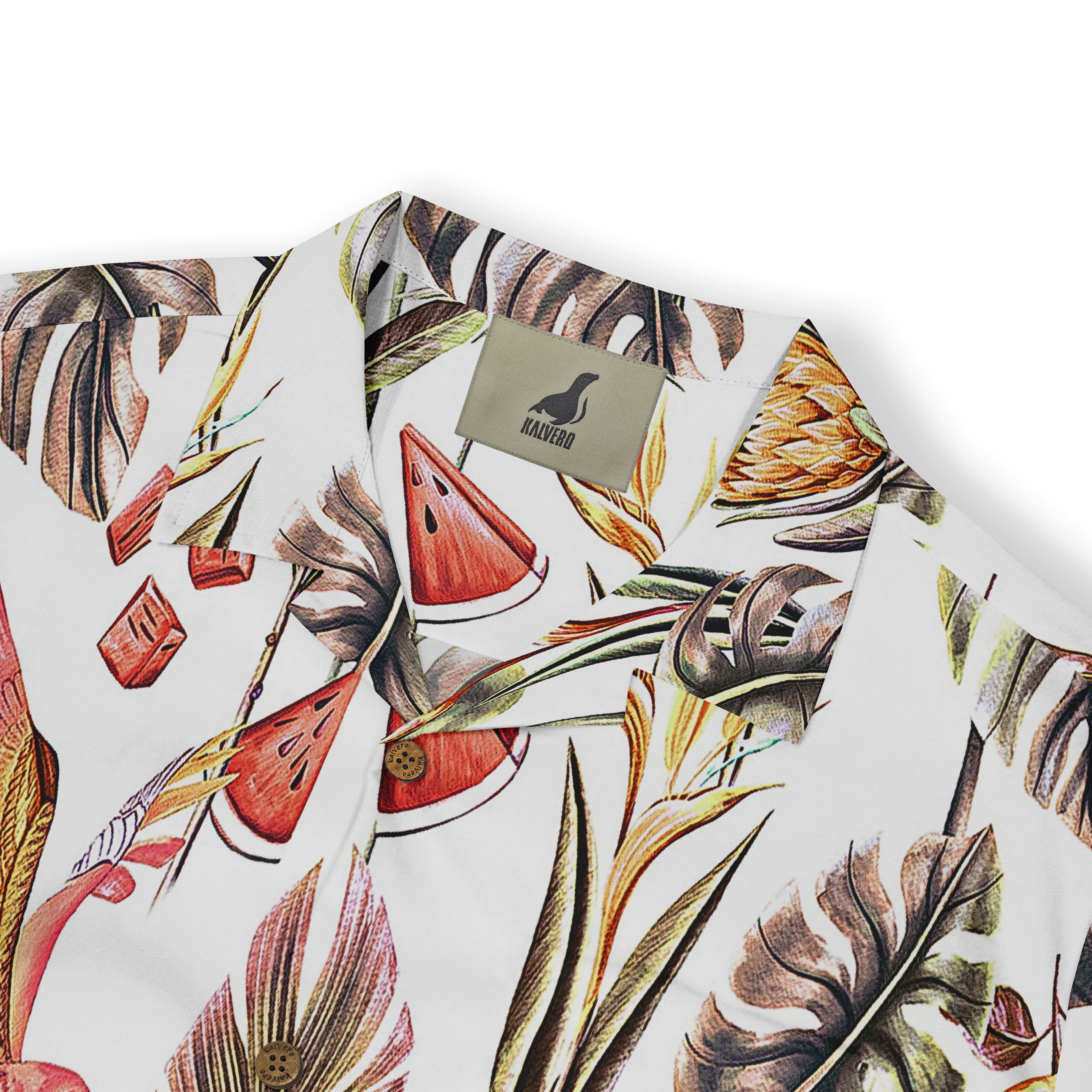 Tropical print shirt with leaves, fruits, and brand tag.