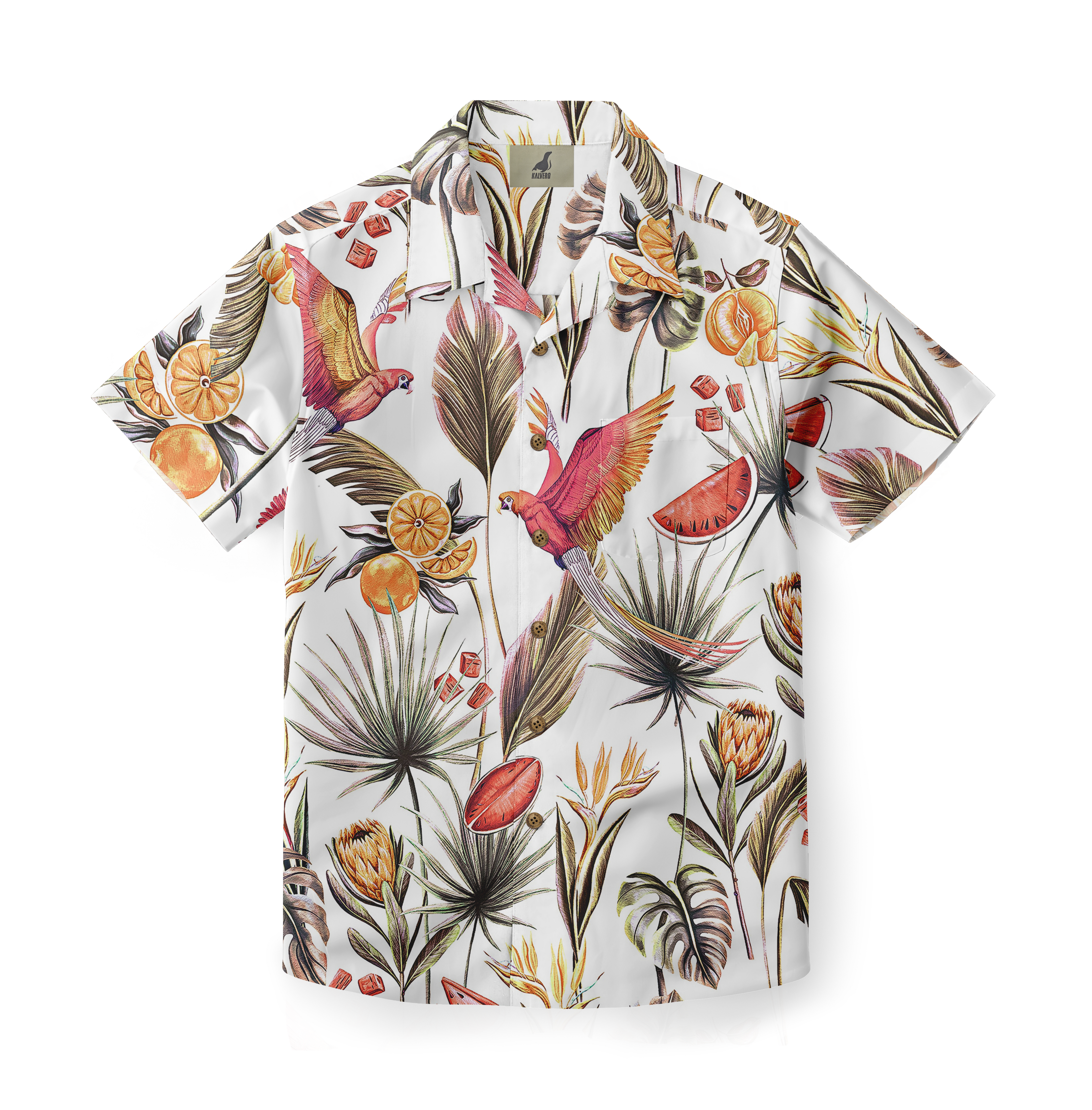 White tropical shirt with vibrant parrots, fruits, and foliage print.