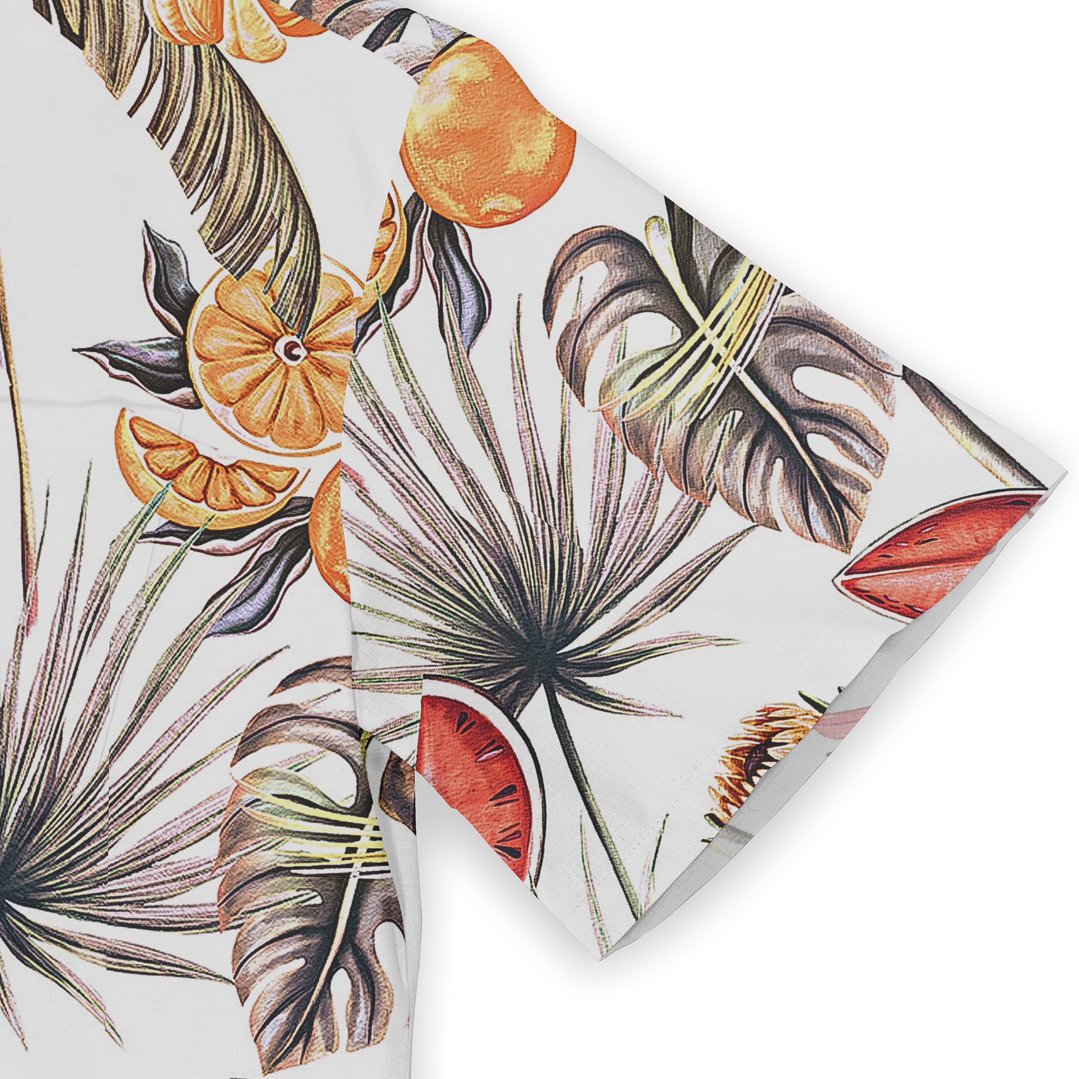 Tropical fabric with palm leaves, citrus fruits on white background.