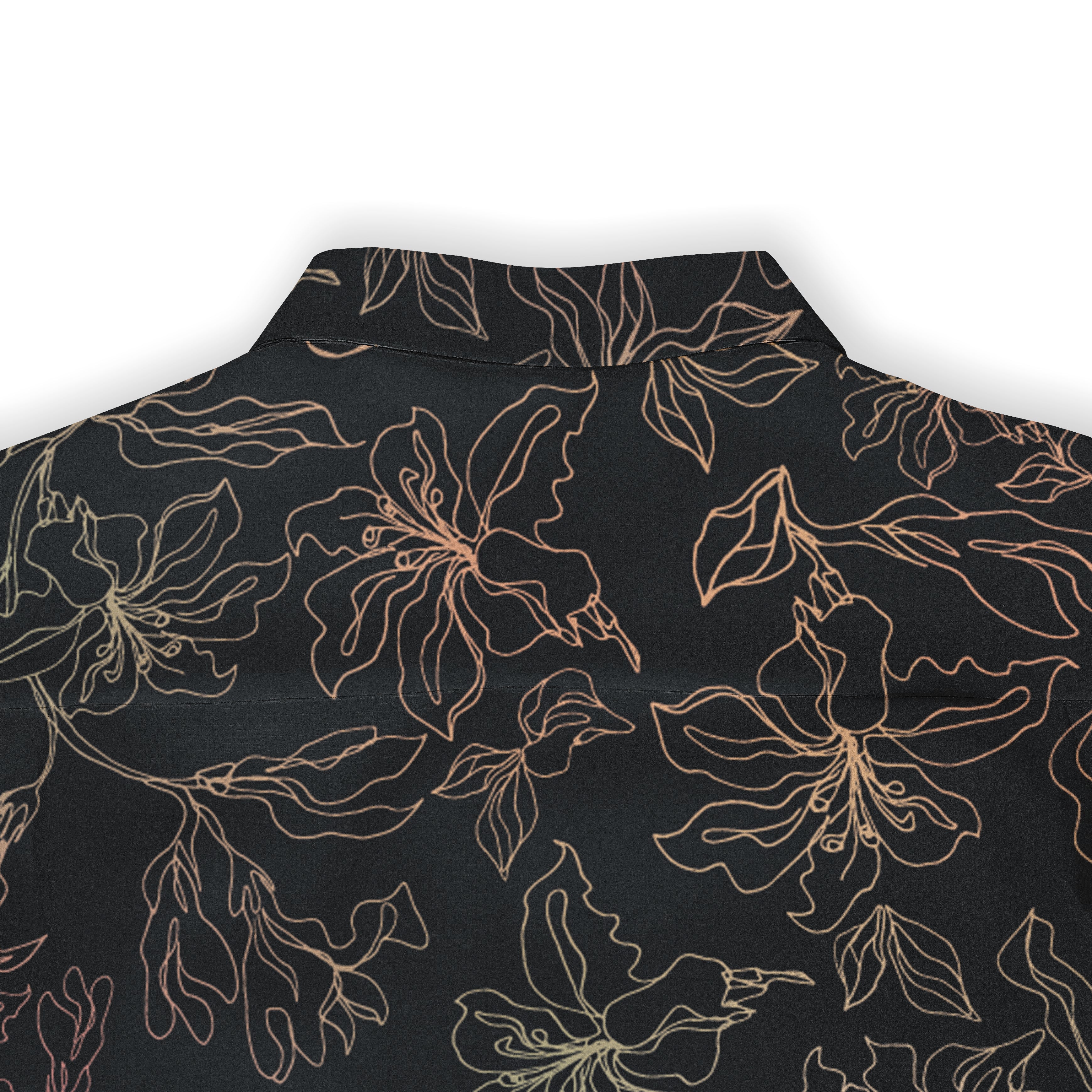 Black shirt with gold floral outline pattern, featuring a collar.