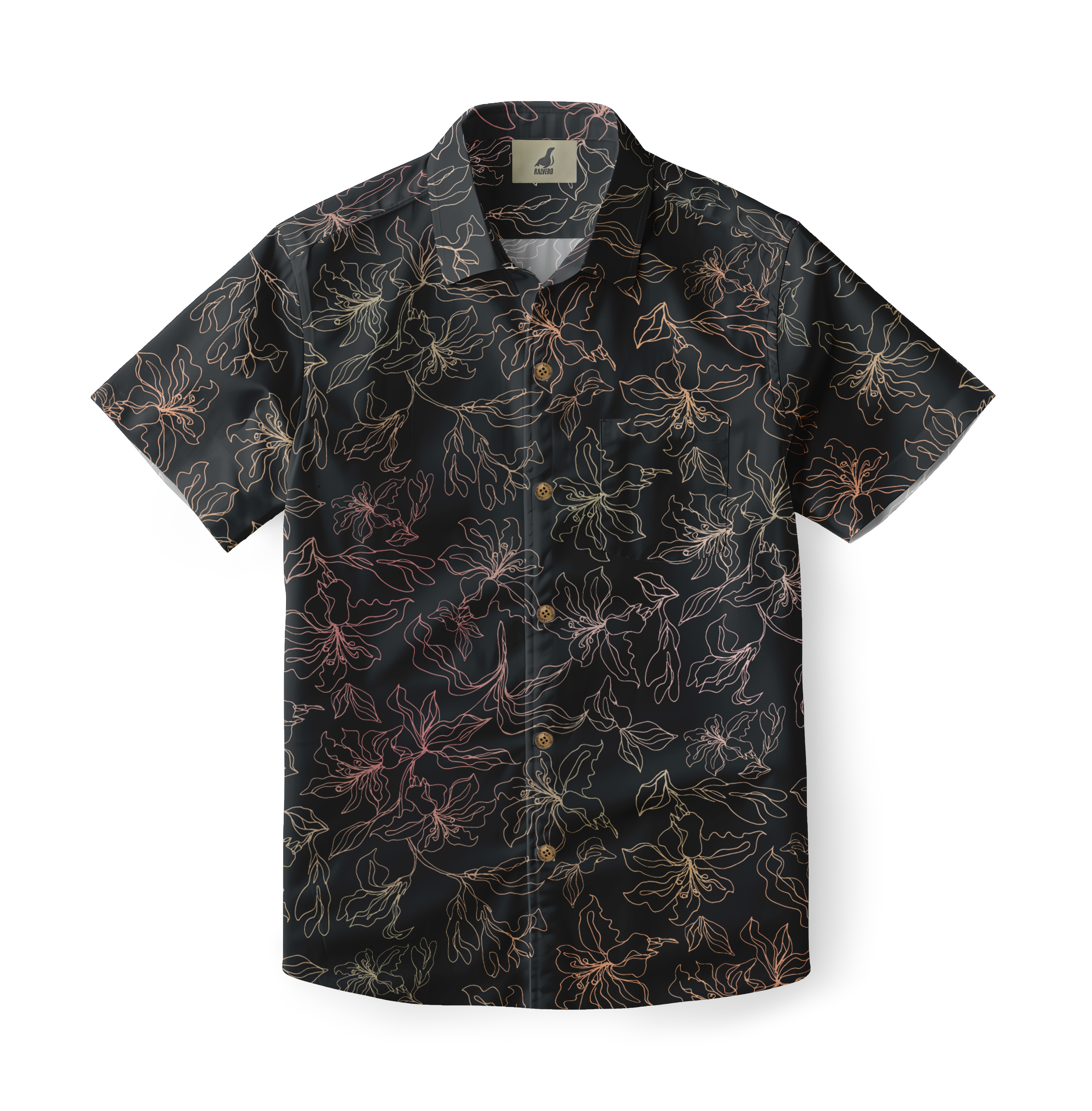 Black short-sleeve shirt with floral outline pattern in gold.