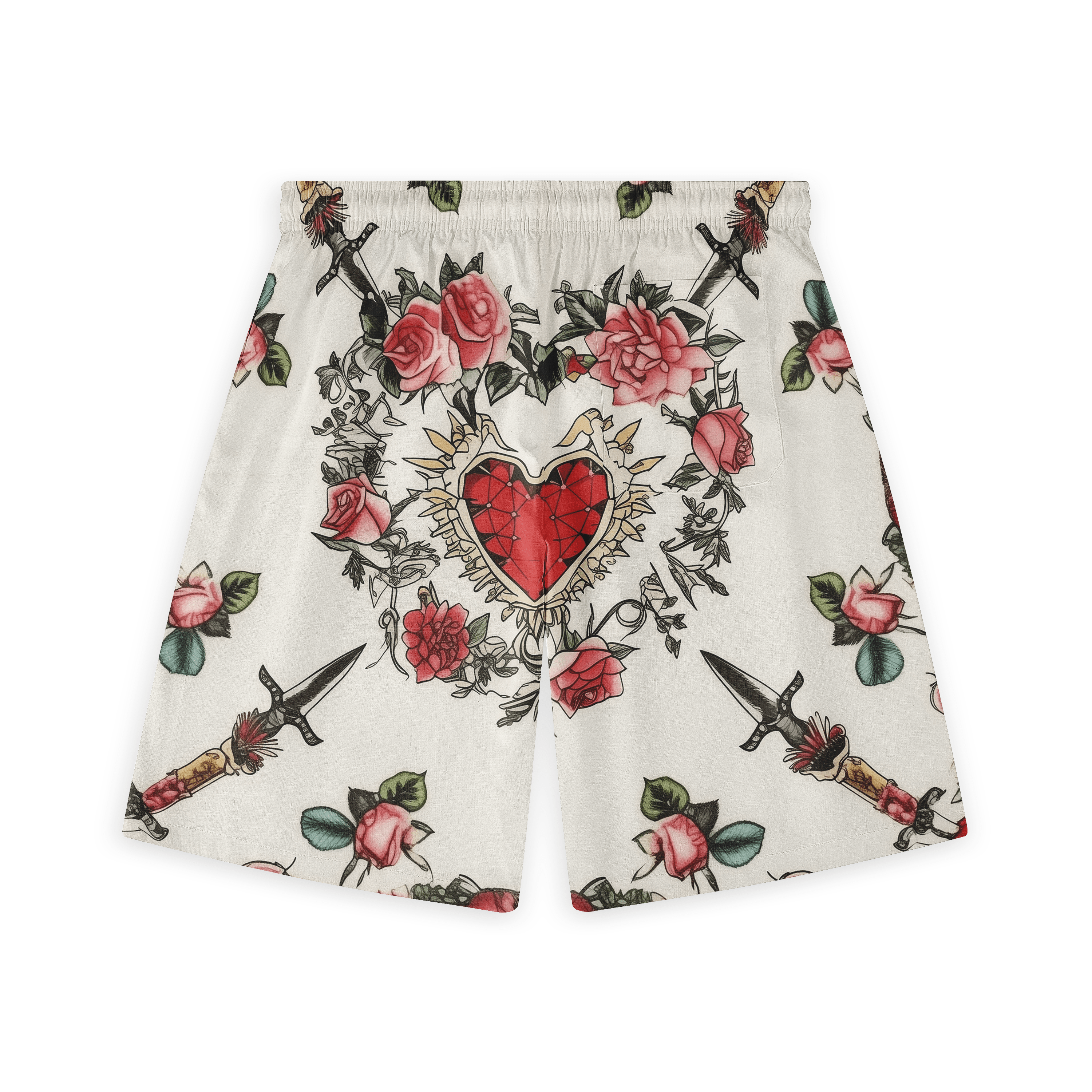 White shorts with red roses, daggers, and a heart design.