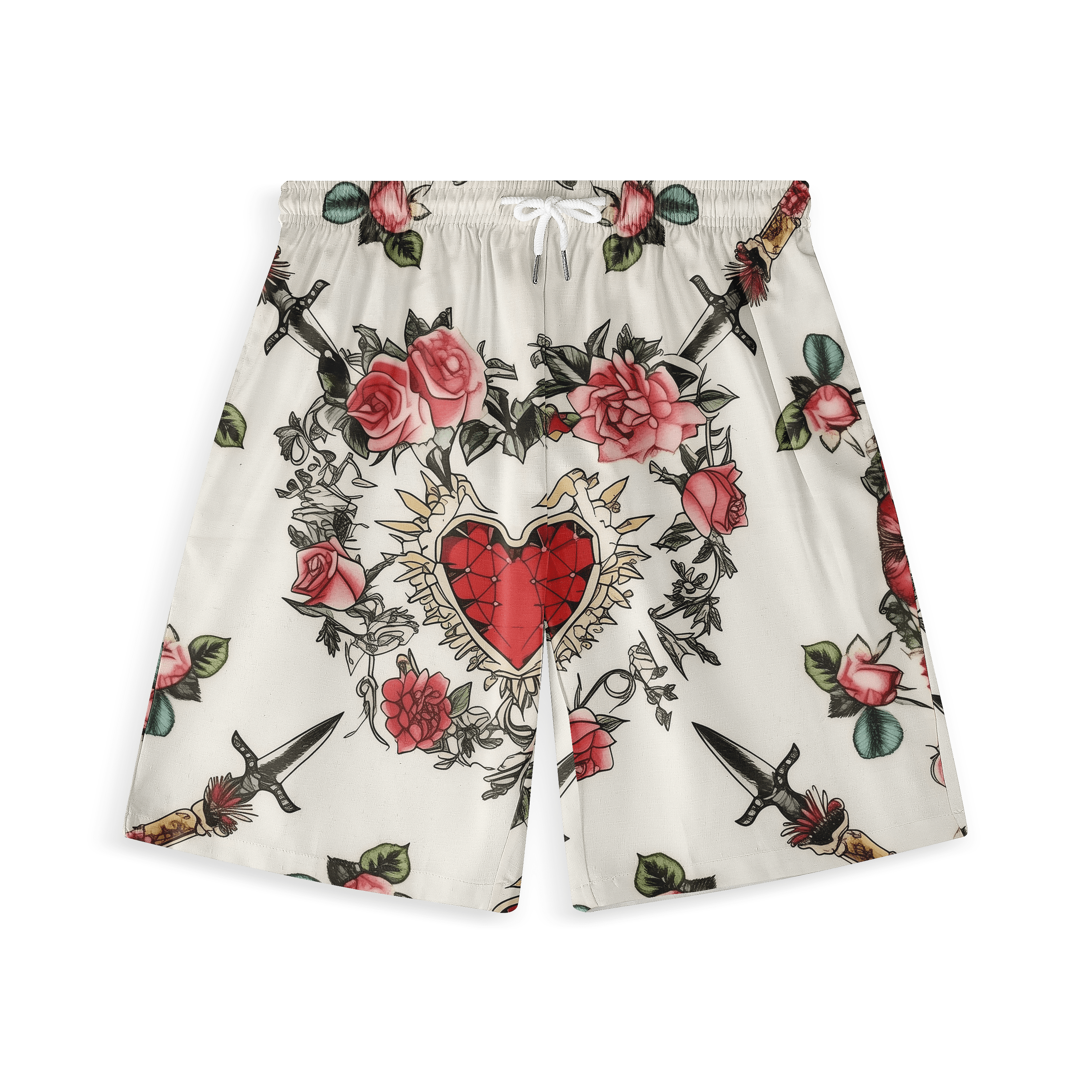 White shorts with red roses, swords, and heart design.