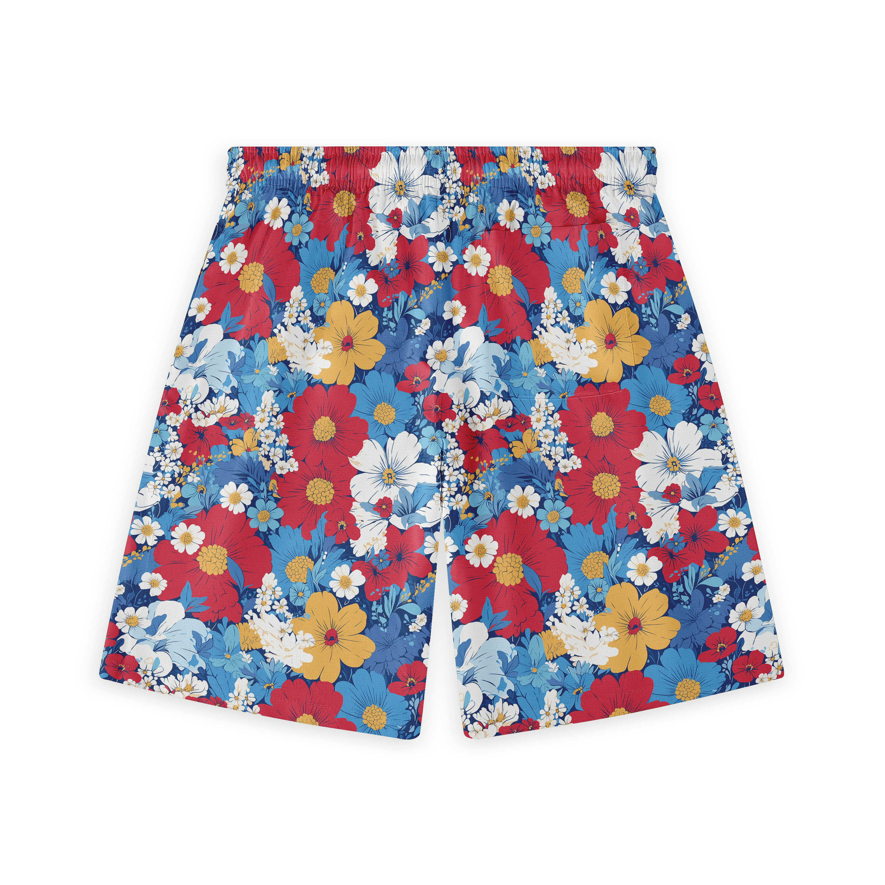 Colorful floral shorts with red, blue, yellow flowers on white.
