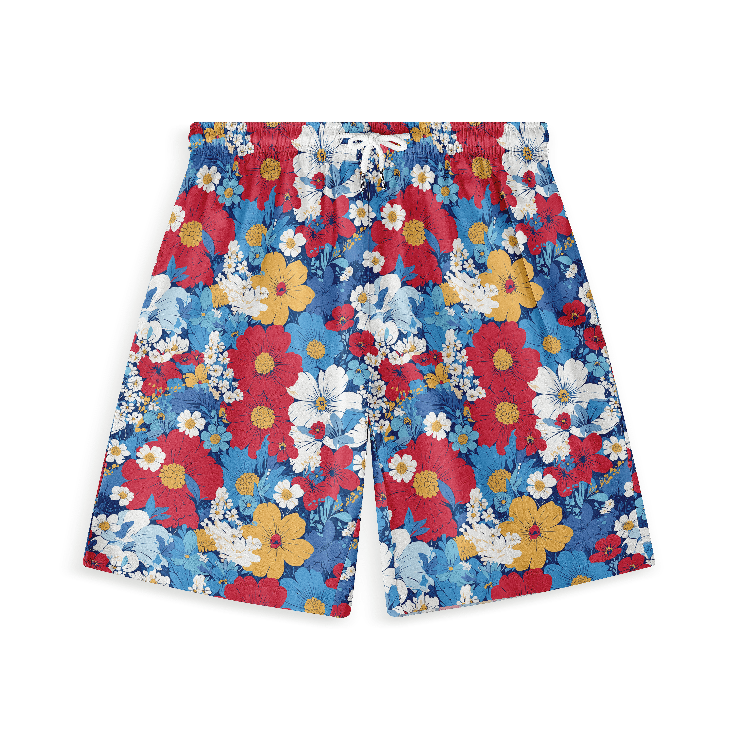 Colorful floral shorts with red, blue, yellow flowers on white.