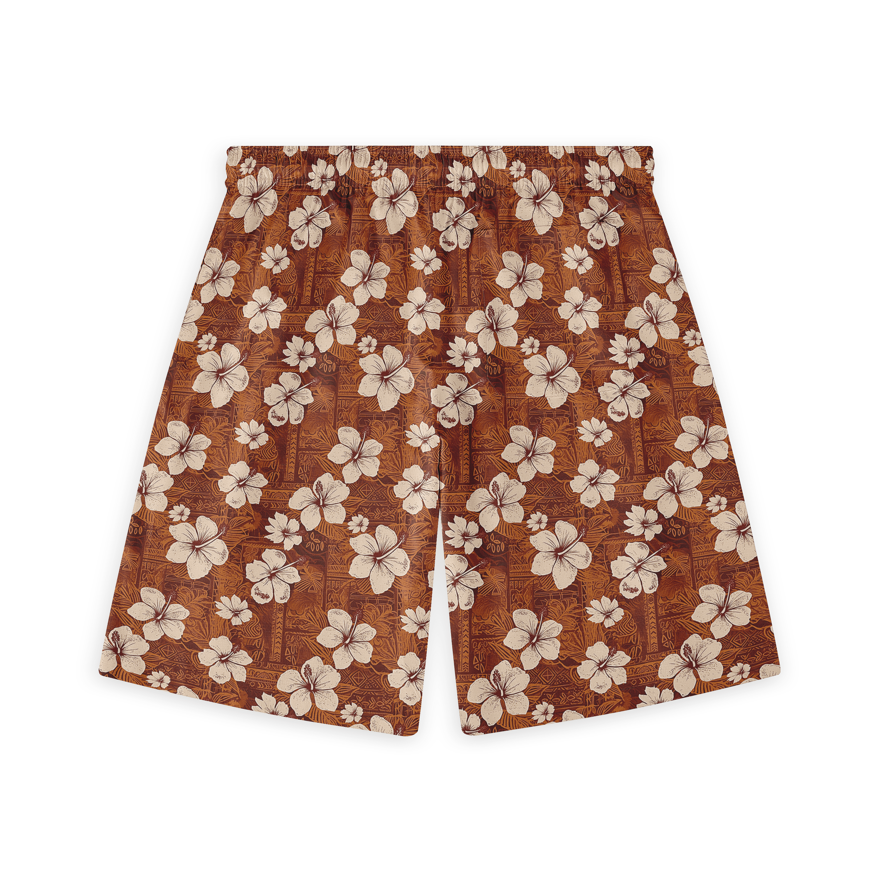 Brown shorts with white hibiscus floral pattern.