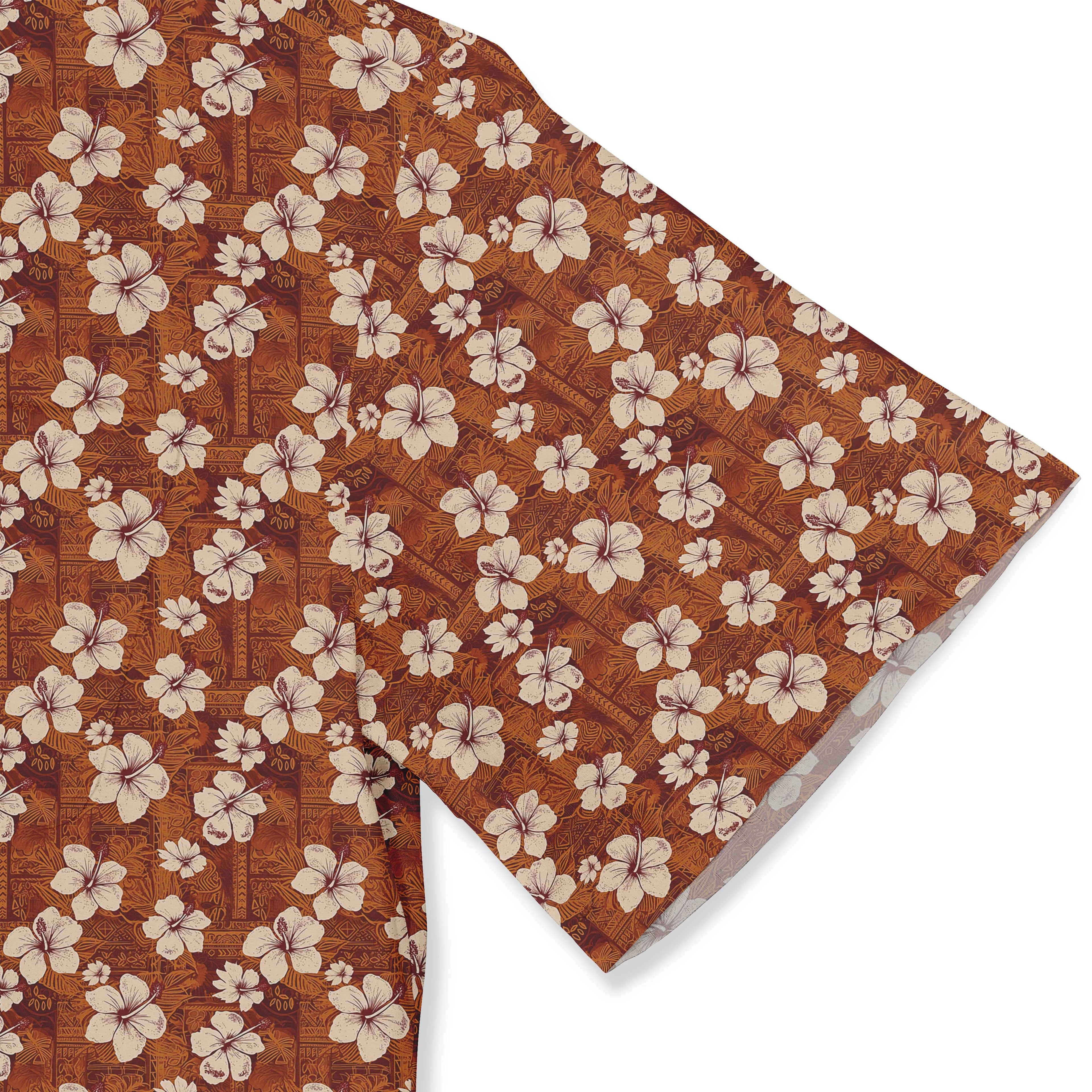 Brown fabric with white hibiscus flowers and geometric patterns.